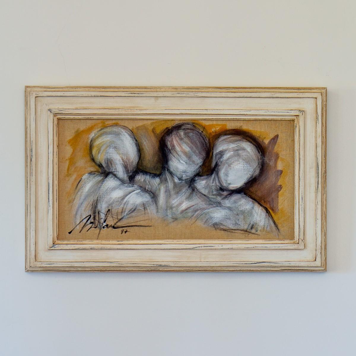 A French framed oil on canvas painting of three figures heads, by Mickey Pfau 1997, signed and dated.

Bought directly from the artist in the 1990s by Ken, for his own private collection. These paintings would look as a single piece of artwork but