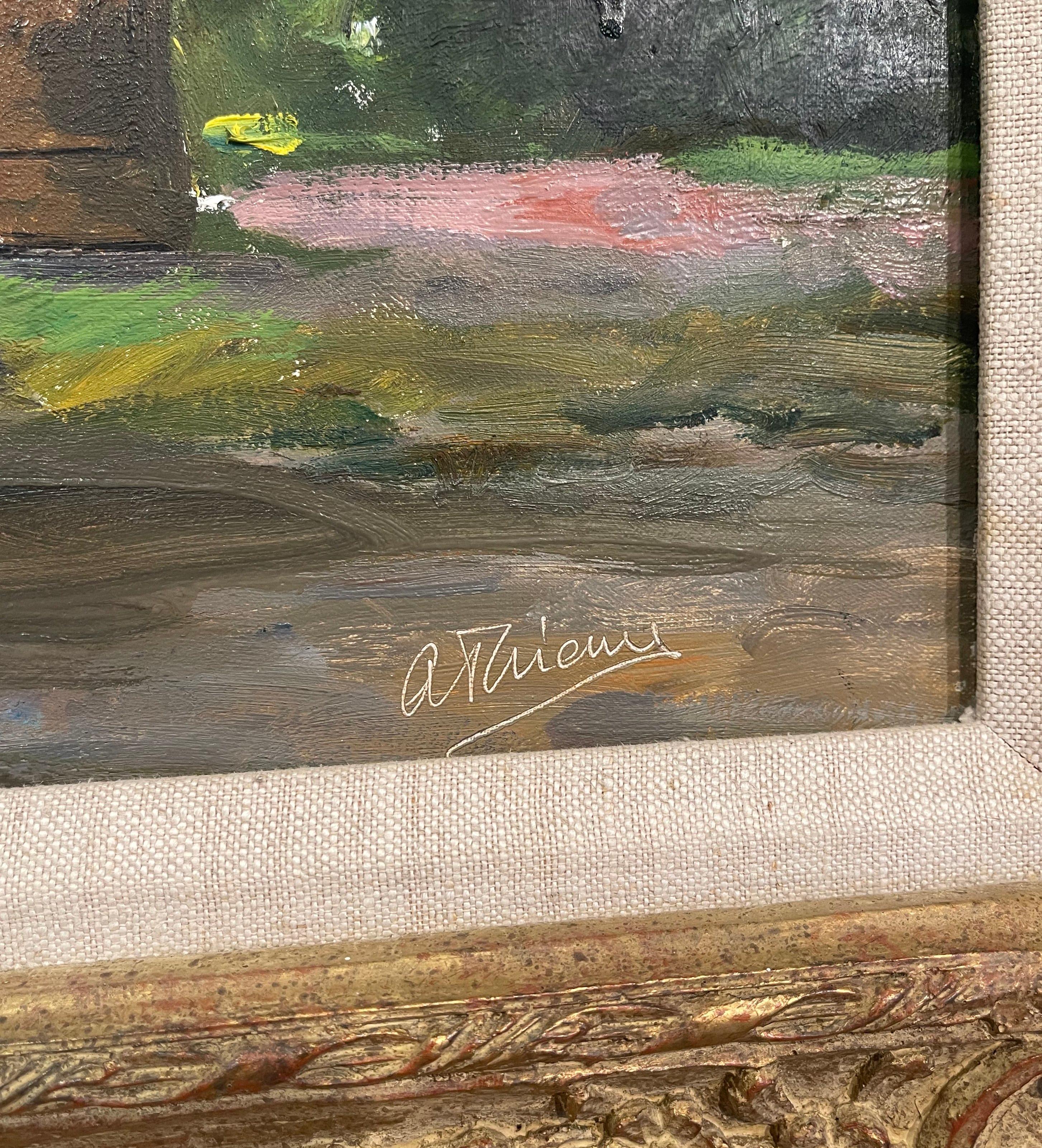 Gerahmtes Gemälde in Öl auf Leinwand mit dem Titel „Sonnen und Schirm“, signiert von Anthony Thieme im Angebot 4
