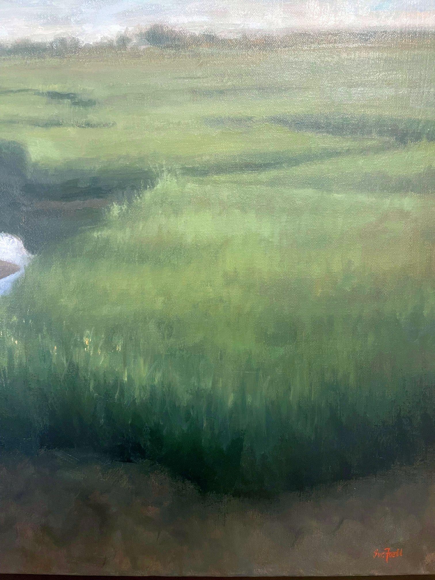 Gerahmtes Ölgemälde auf Leinwand Tafel „Soft Surroundings“ Marsh-Szene von Sue Foell, Ölgemälde (21. Jahrhundert und zeitgenössisch) im Angebot
