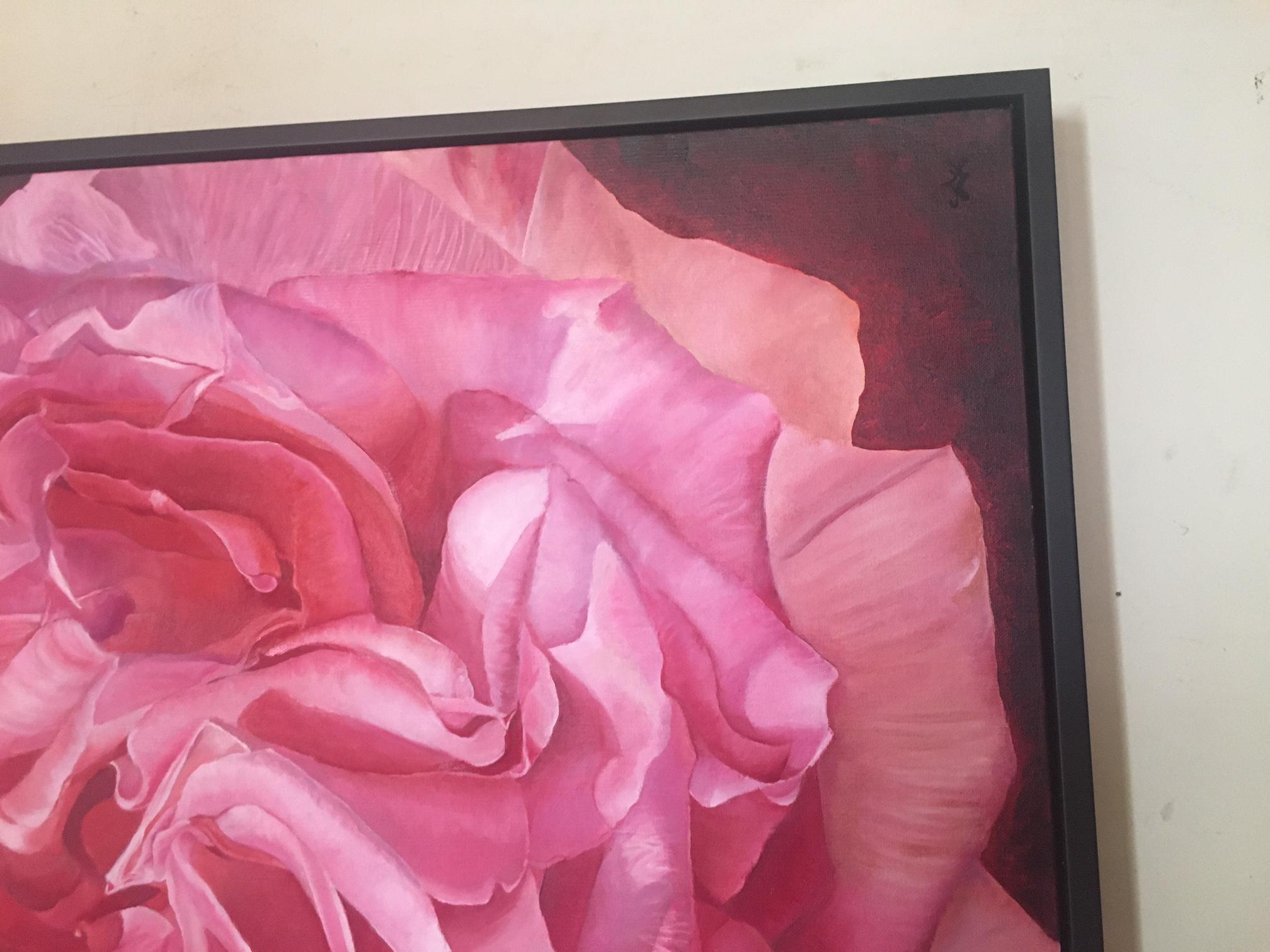 Gerahmtes Ölgemälde auf Leinwand Rosa Rose „ Viviene“ von Shelly Gurton (Metall) im Angebot