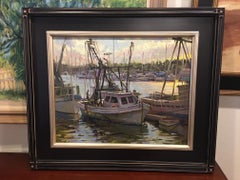 Framed Oil on Canvas "San Sebastian" Boat in the Marina Scene, Jeff Markowsky