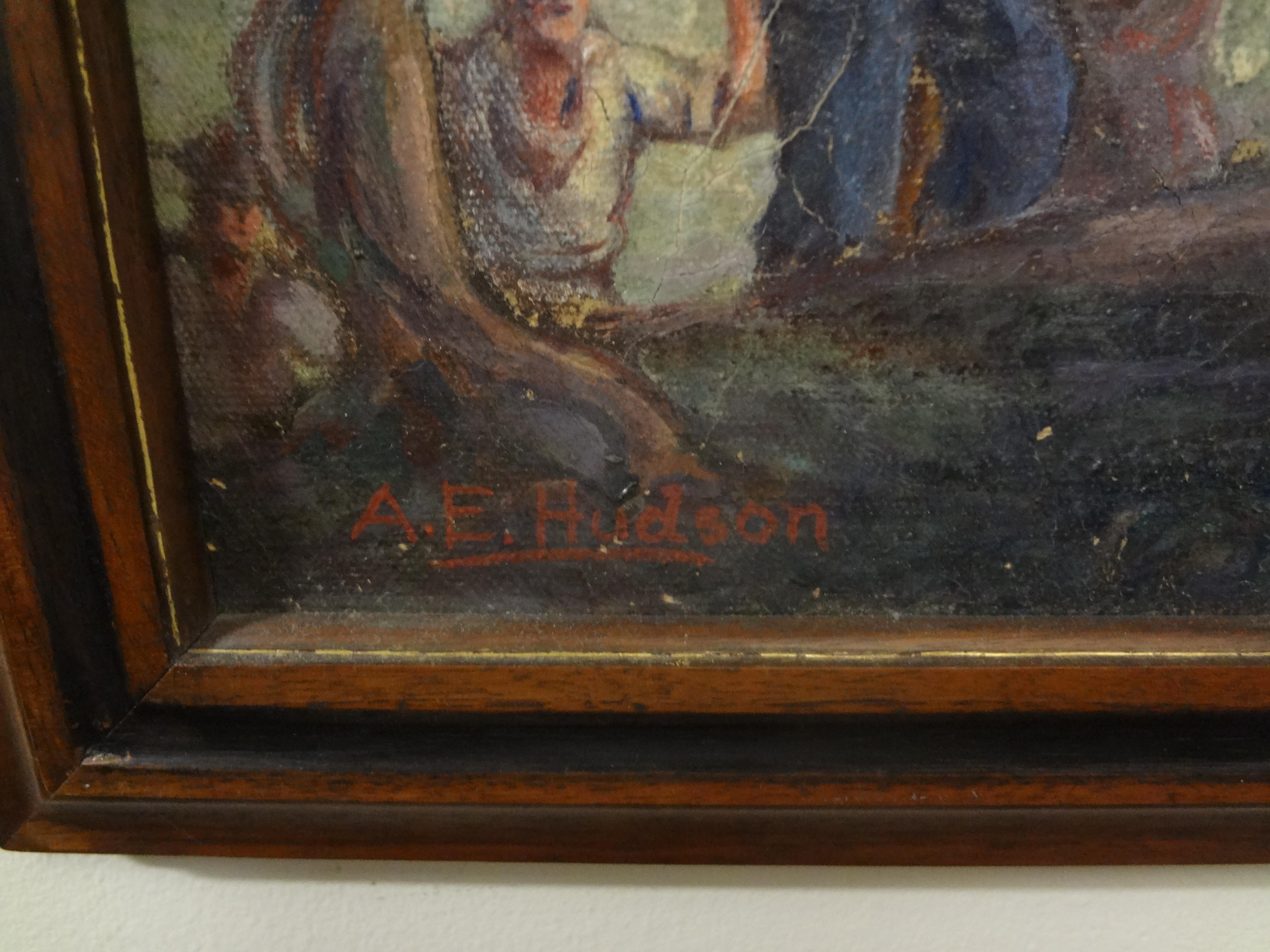 Barbizon School Framed Aubrey Beardsley Style Oil on Canvas, Signed A.E. Hudson