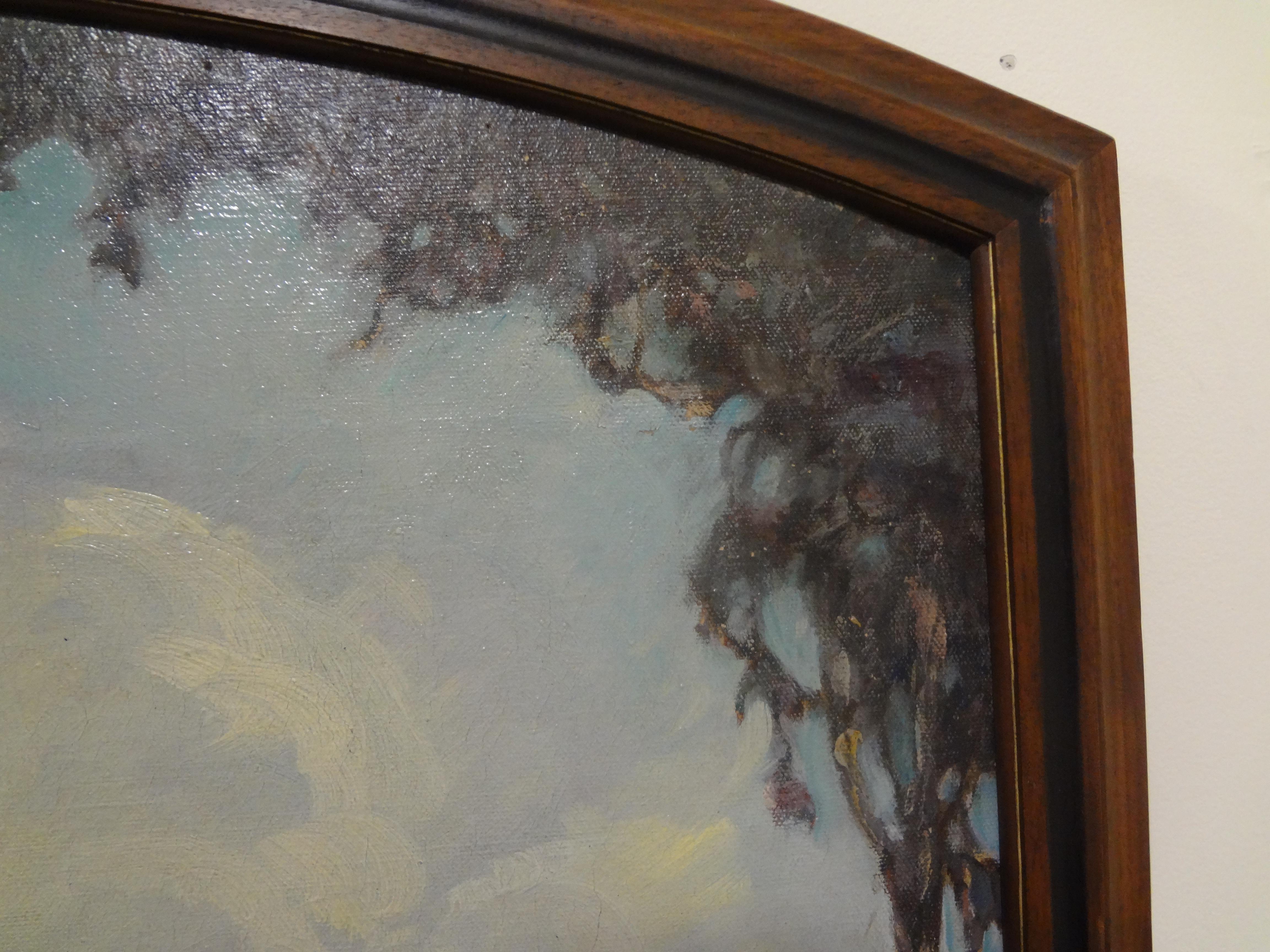 Early 20th Century Framed Aubrey Beardsley Style Oil on Canvas, Signed A.E. Hudson