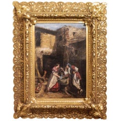 Antique Framed Oil on Canvas Spanish School 'Romance at the Well', 19th Century