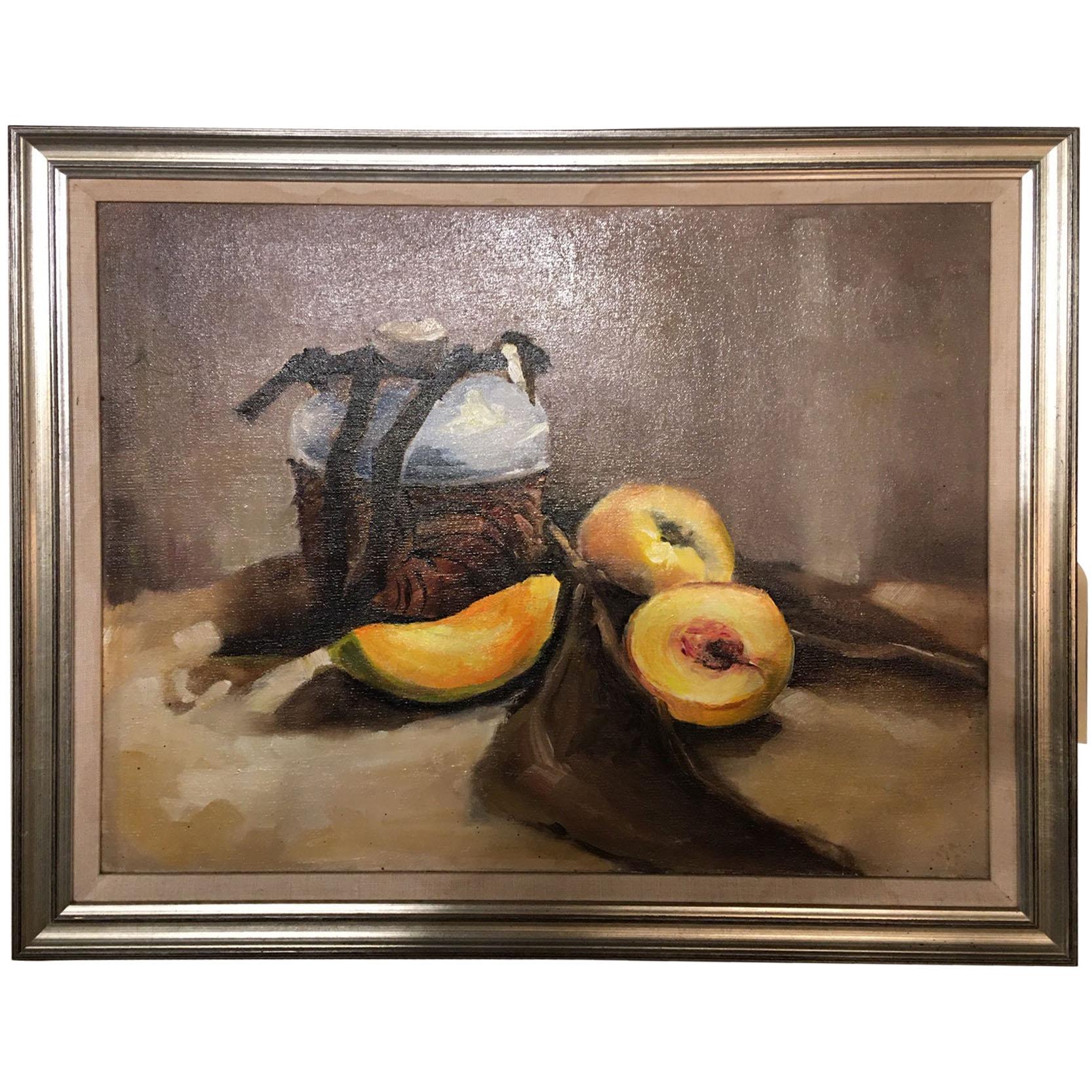 Framed Oil on Canvas "Still Life" Peaches and Pot, Unsigned, Early 20th Century