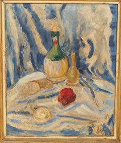 Framed Oil On Canvas Still Life With Wine Bottle