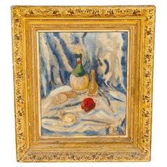 Framed Oil On Canvas Still Life With Wine Bottle