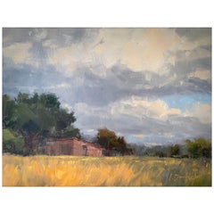 Gerahmtes Ölgemälde auf Leinwand „Stormy Field“ Pastorale und Sturmszene von Laurel Daniel