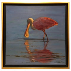 Framed Oil on Canvas "The Dancer" Spoonbill Bird Feeding, Mary Segars