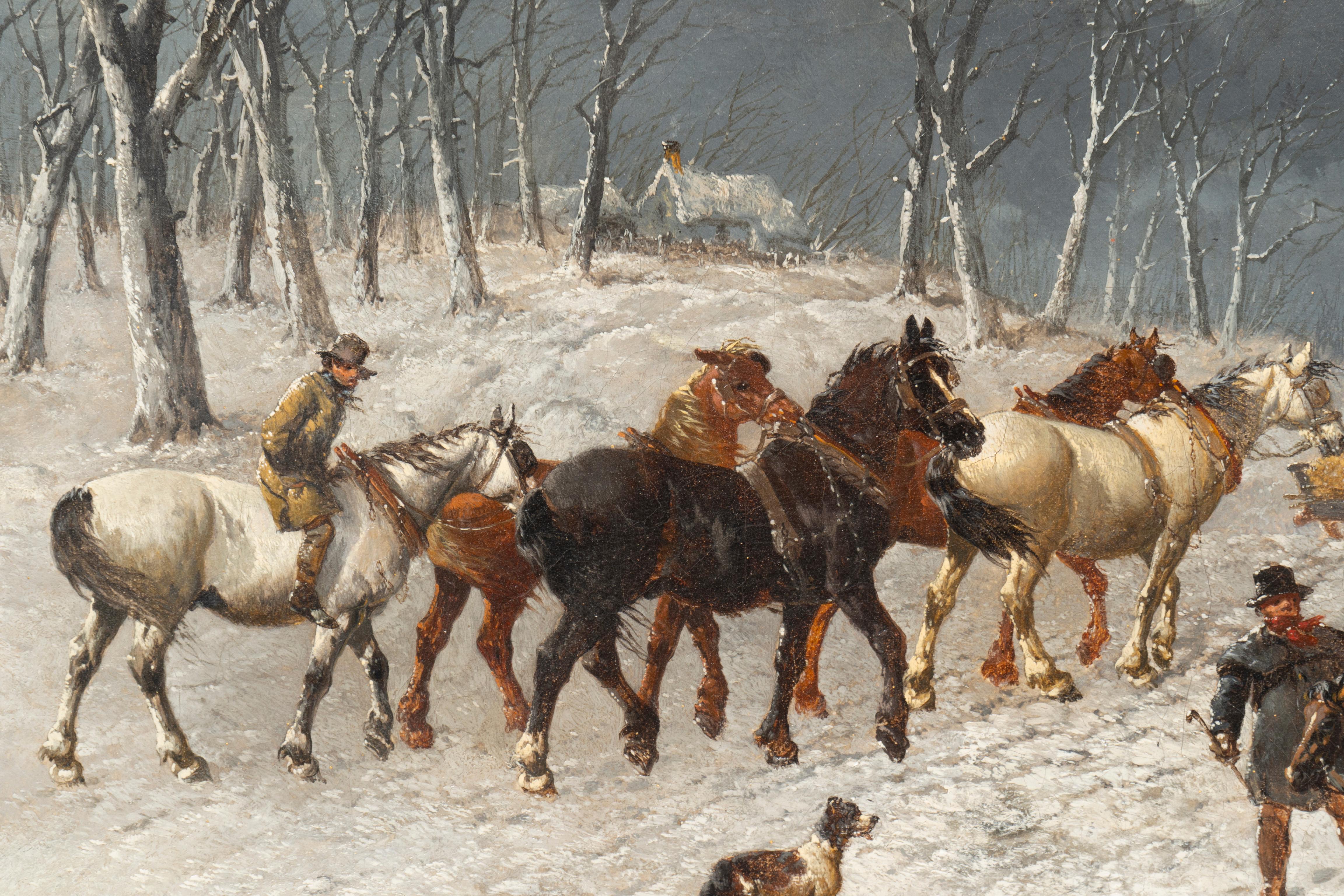 Mid-19th Century Framed Oil On Canvas Winter Horse Scene By John F Herring For Sale