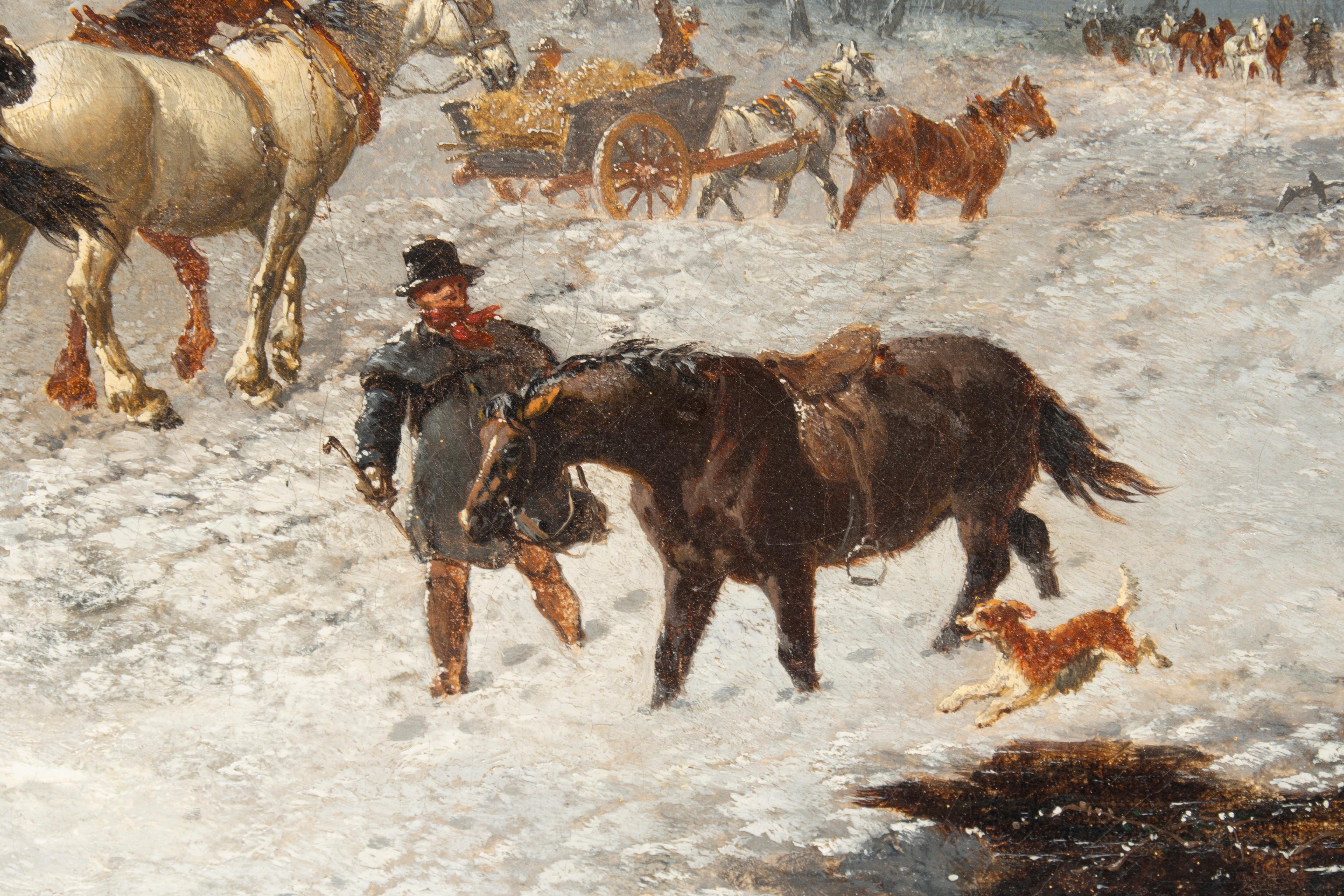 Framed Oil On Canvas Winter Horse Scene By John F Herring For Sale 1