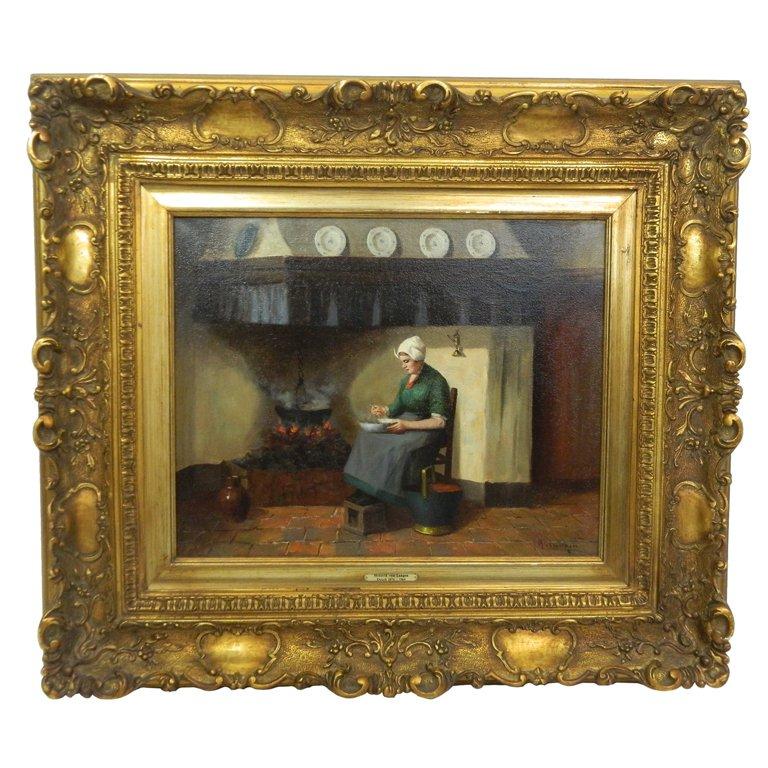 Framed Oil on Canvas "Woman Preparing Dinner in a Farm Kitchen", 19th Century