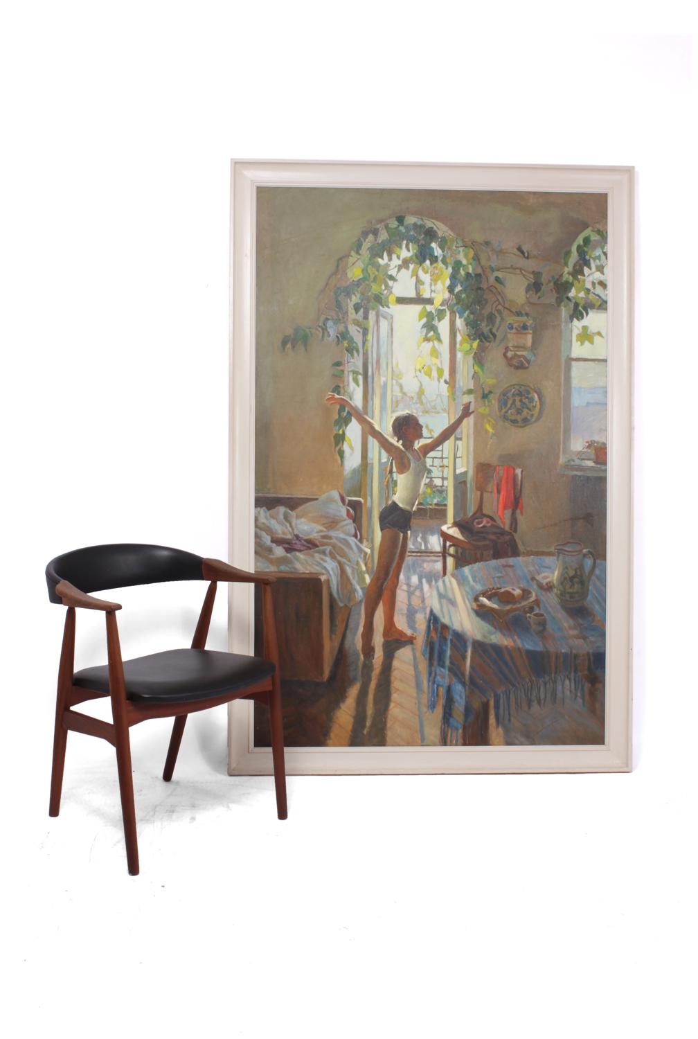 Framed oil on canvas, late 20th century
A very large famed oil on canvas of young ballerina stretching in the morning sun, in what appears to be a continental ( maybe Italy ) dining room in an apartment this painting is unsigned

Age: 1990-