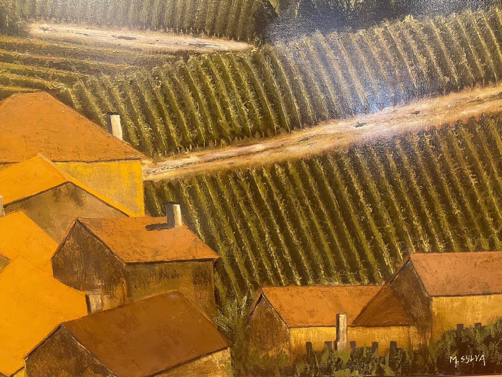 Gerahmtes Ölgemälde auf Leinen „Red Tile Roof, St. Emilion, Bordeaux“ von Mark Sylva (21. Jahrhundert und zeitgenössisch) im Angebot