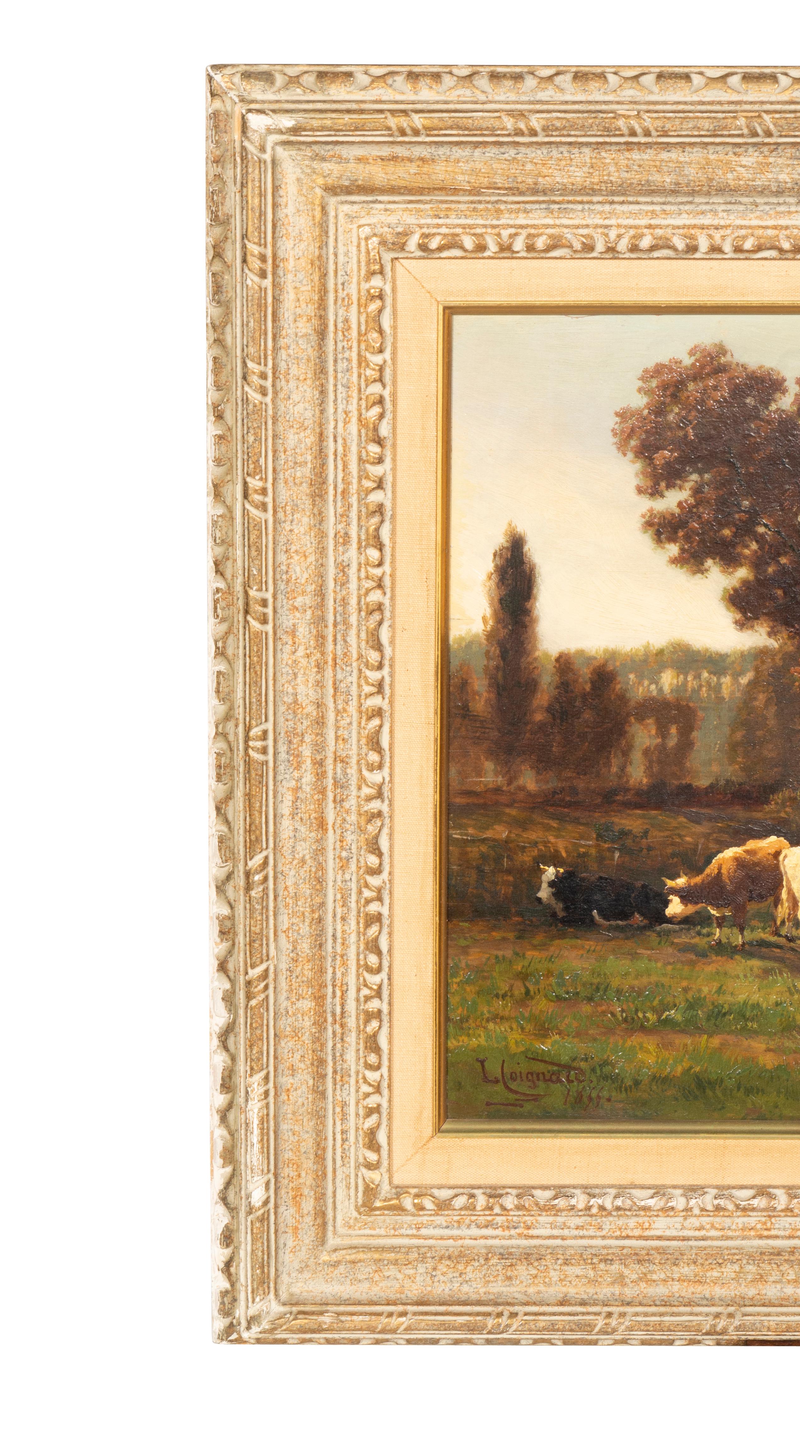 Óleo sobre tabla enmarcado Vacas junto al arroyo de Louis Coignard en venta 4