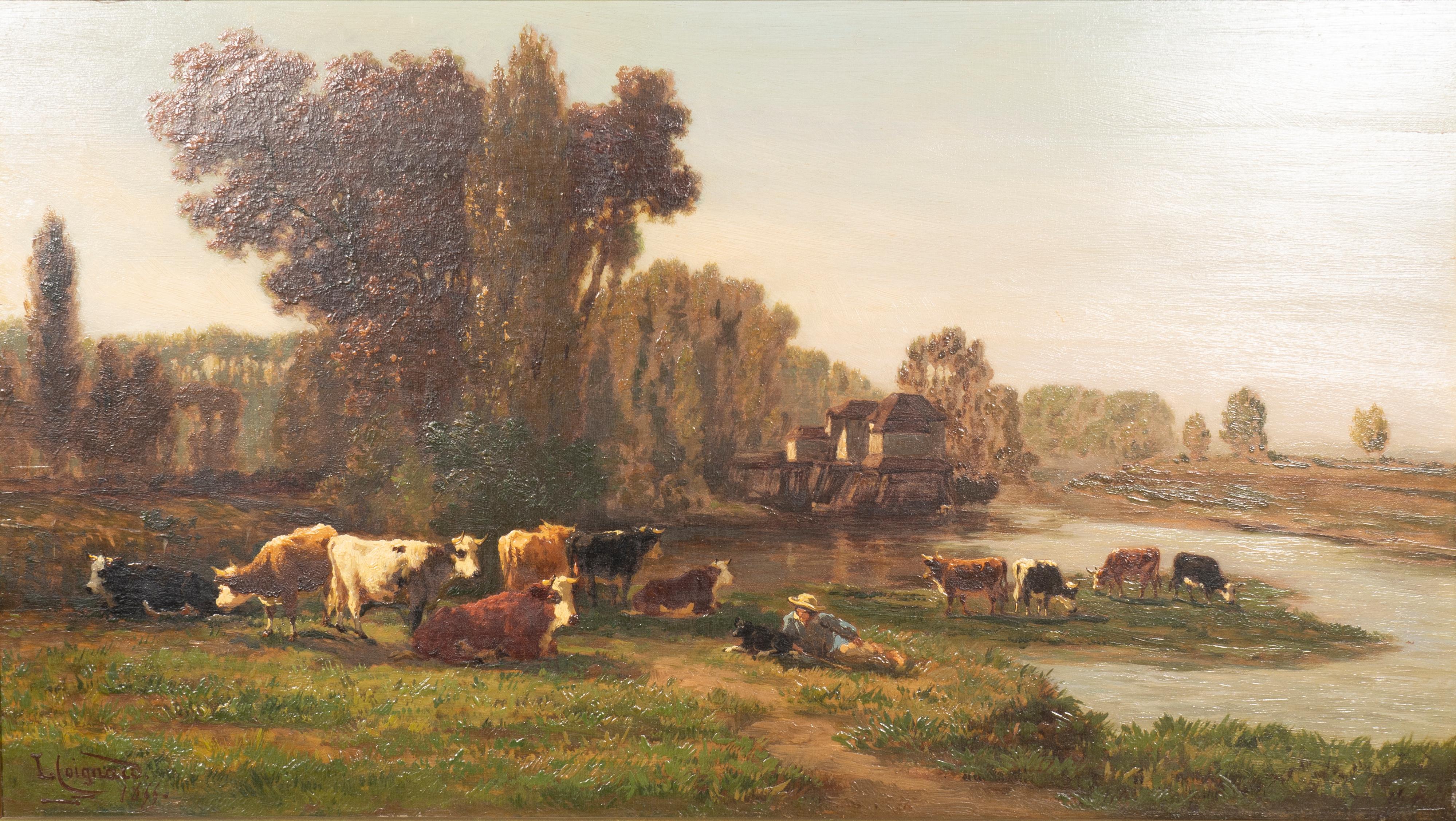 Nicely painted with cows by a stream with building in landscape background.
Signed and dated lower left.