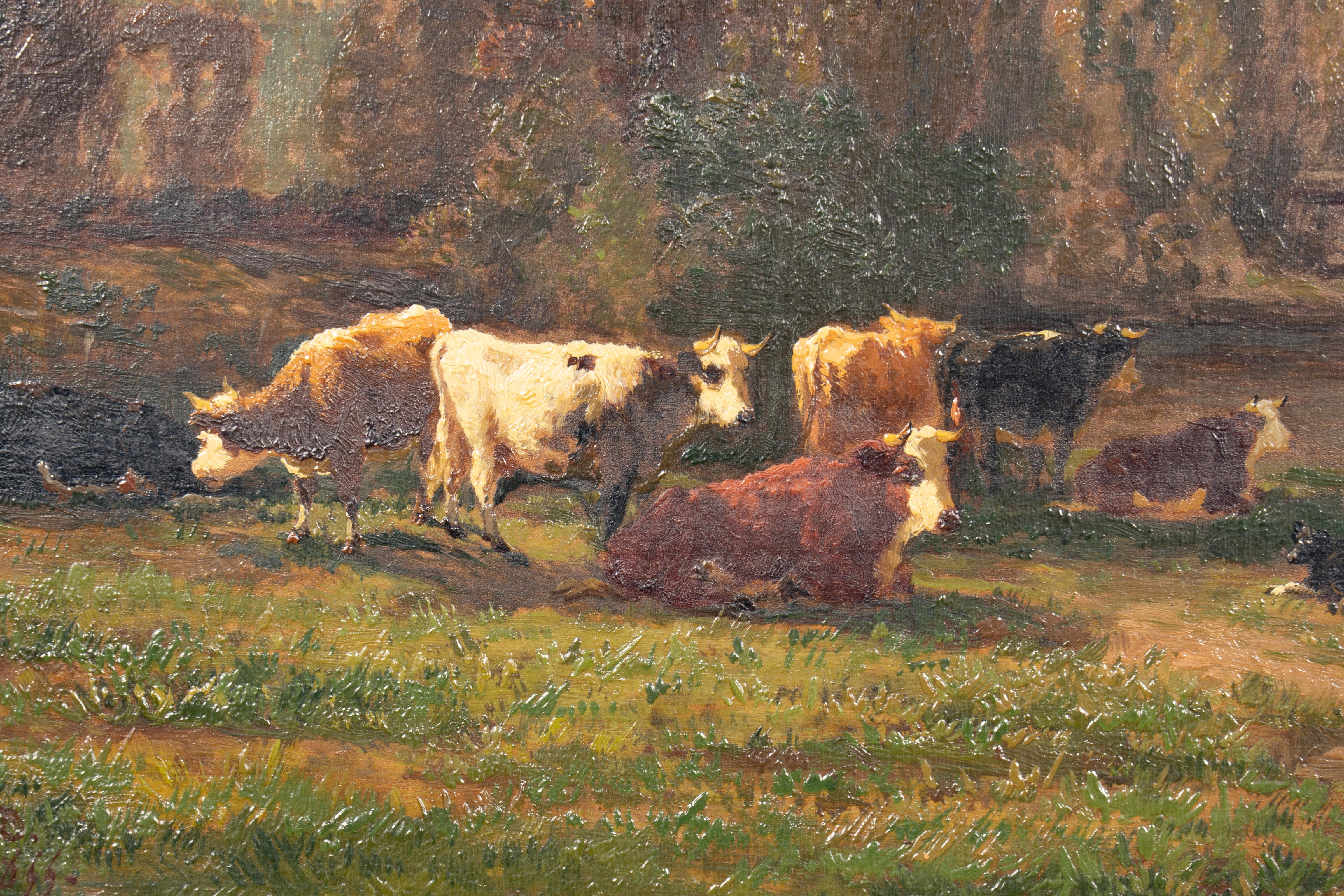 Hand-Painted Framed Oil on Panel Cows by Stream by Louis Coignard For Sale