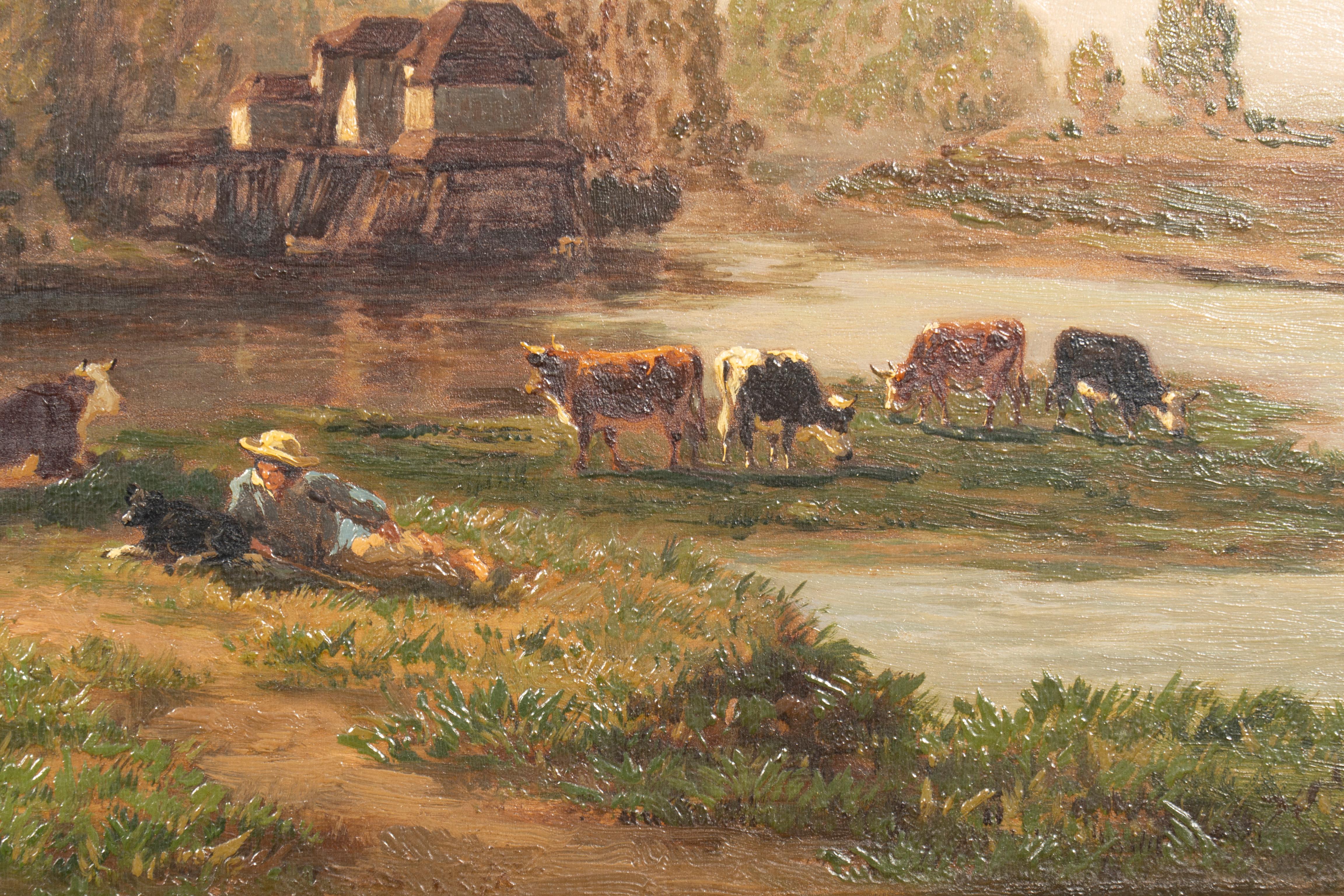 Óleo sobre tabla enmarcado Vacas junto al arroyo de Louis Coignard en Bueno estado para la venta en Essex, MA
