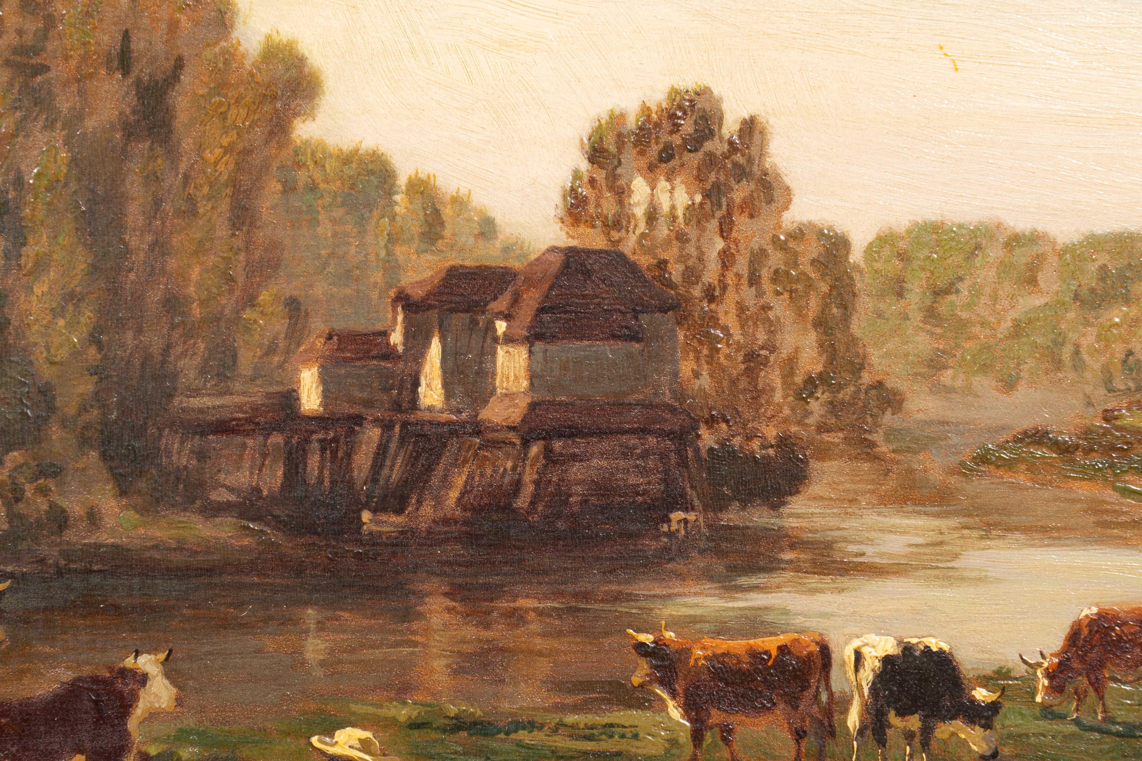 Gerahmtes Ölgemälde auf Täfelung Kühe von Stream von Louis Coignard (19. Jahrhundert) im Angebot