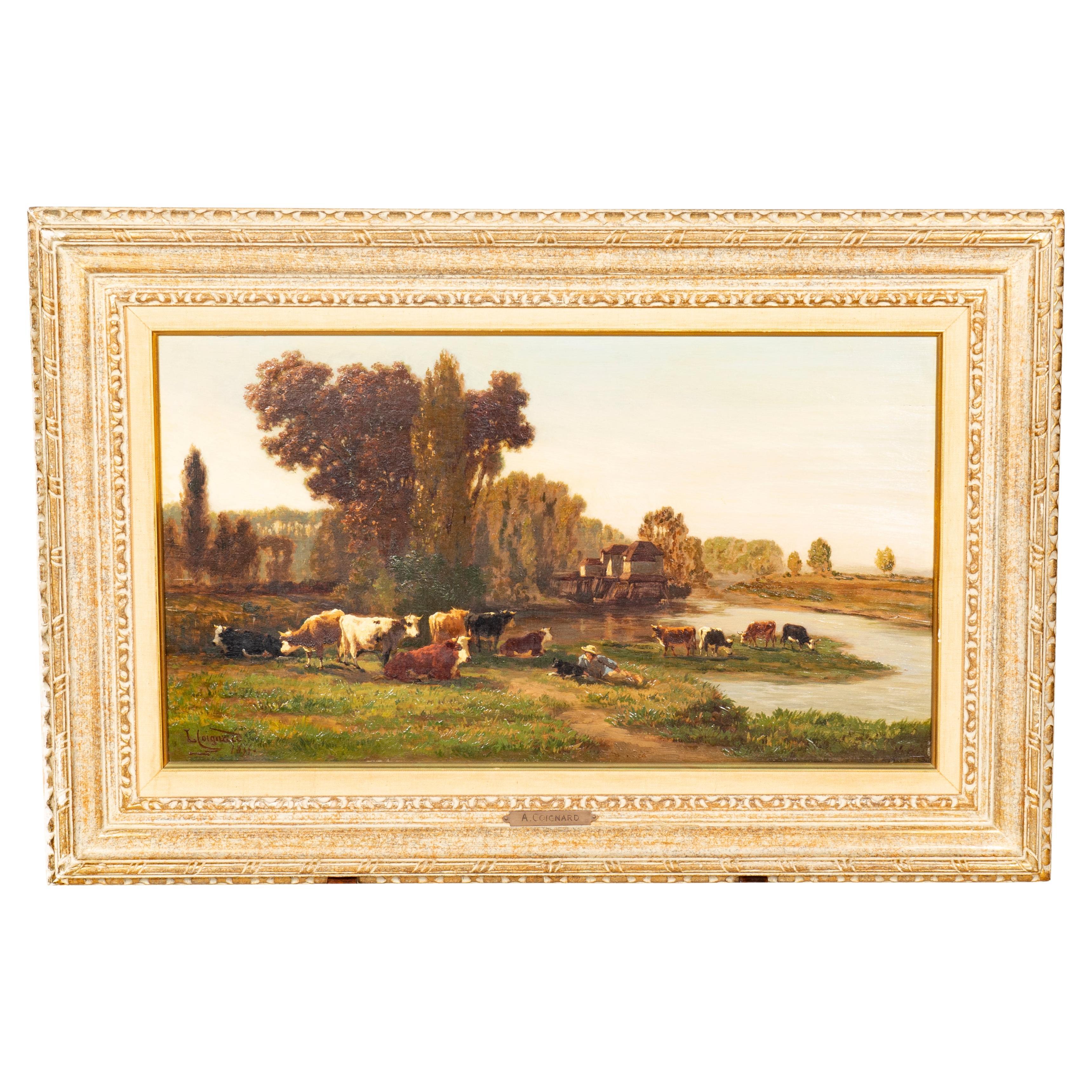 Framed Oil on Panel Cows by Stream by Louis Coignard For Sale