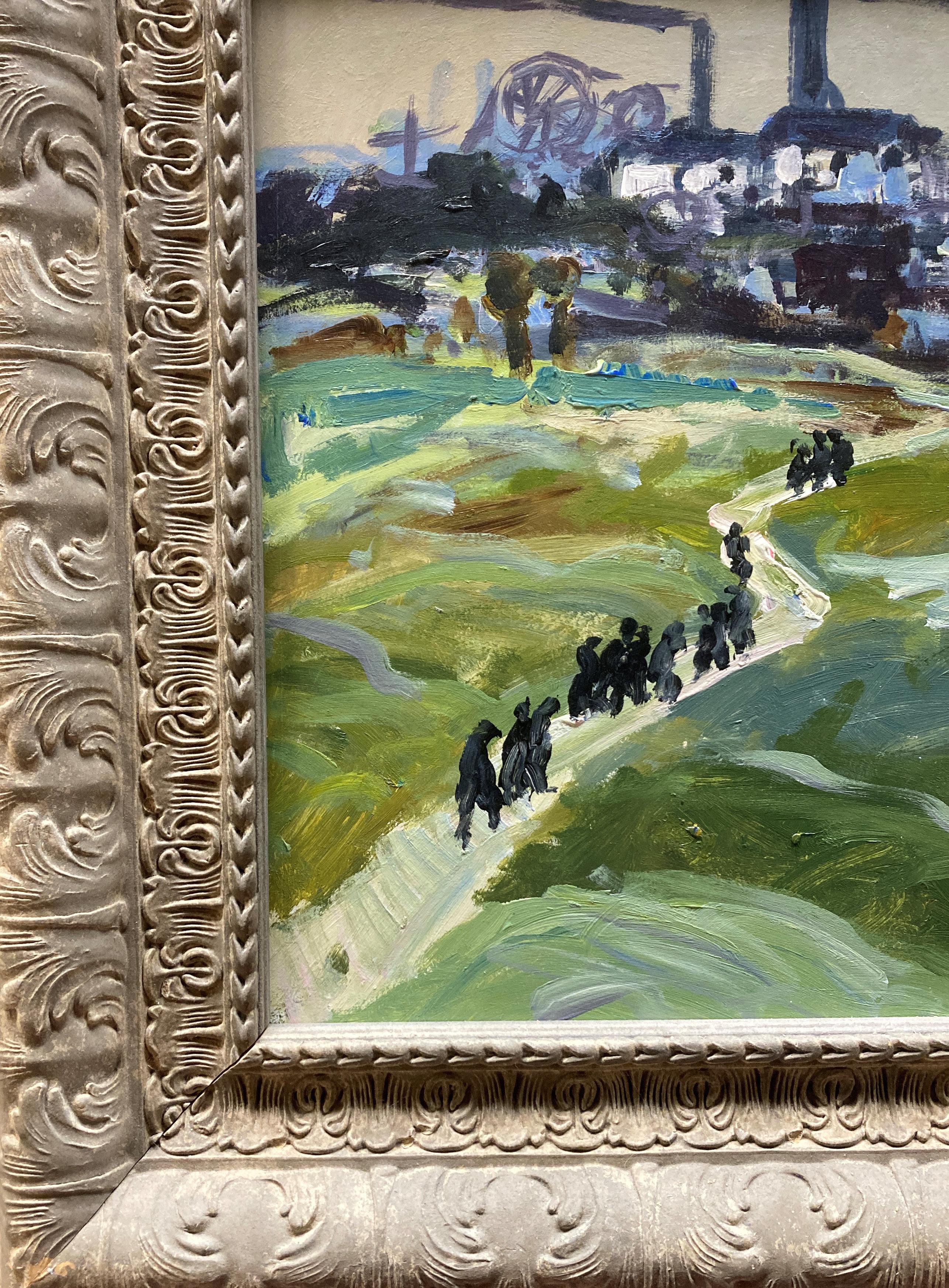 Huile anglaise sur panneau représentant une scène de mine dans un cadre sculpté et peint.