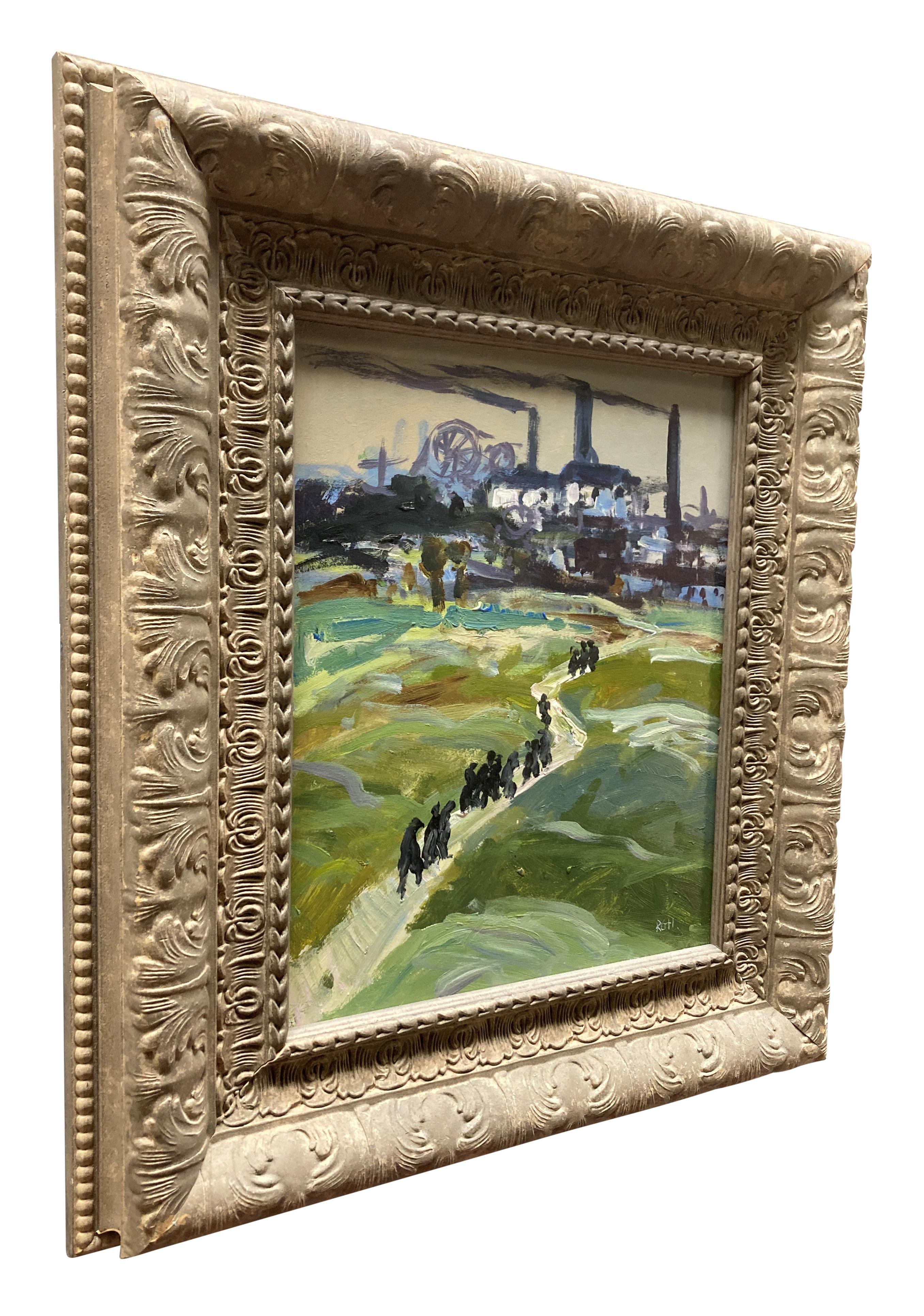 Huile sur panneau encadrée, représentant une scène de mine de charbon Bon état - En vente à Kent, Dover