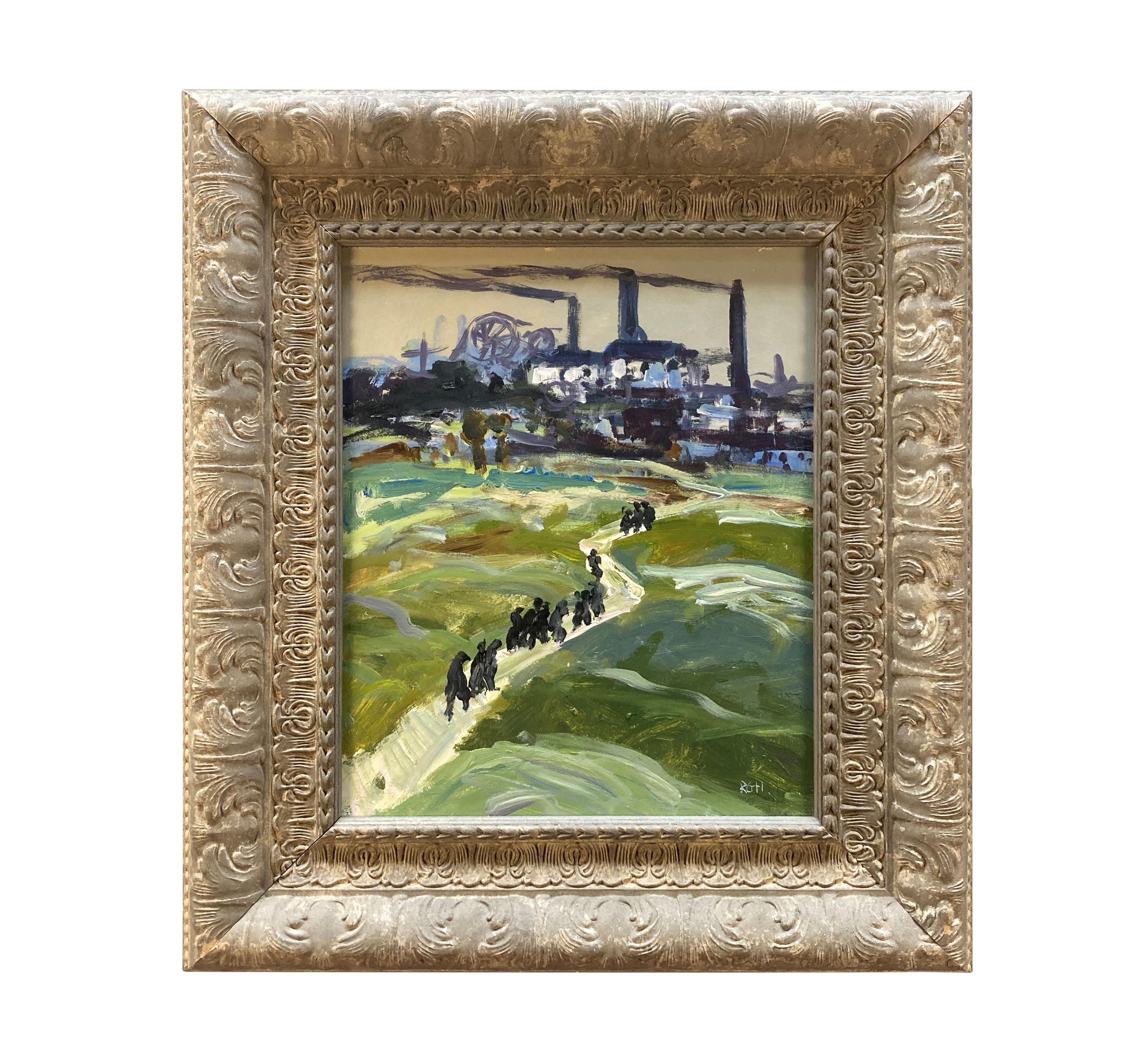 Huile sur panneau encadrée, représentant une scène de mine de charbon en vente