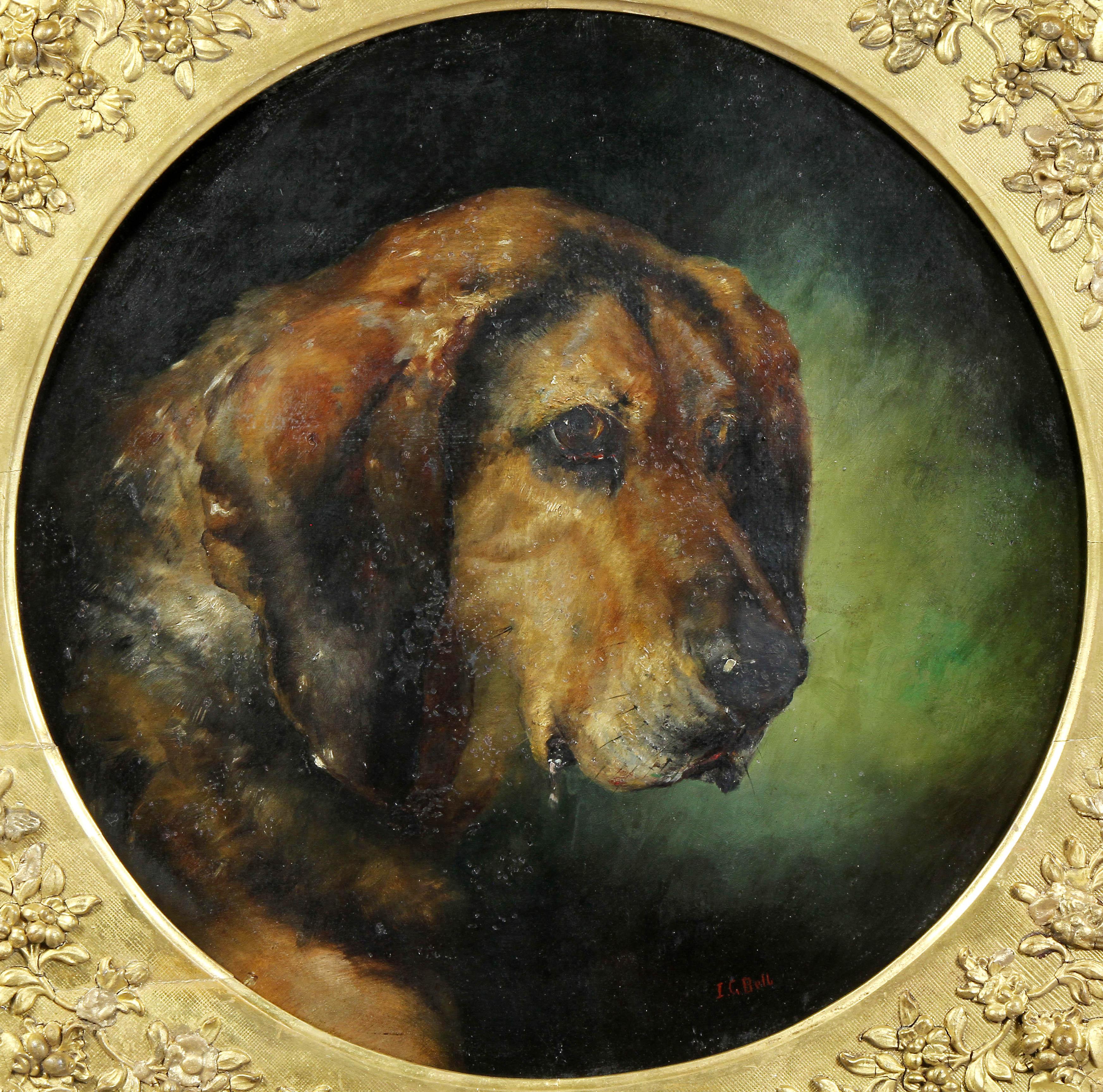 The circular painting of a dog signed I.G Bell. In a decorative Victorian frame. Estate of William Hodgins.