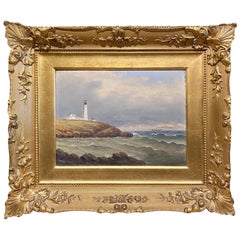 Framed Oil on Panel of a Lighthouse Antique Framed Oil on Panel of a Lighthouse