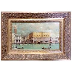 Vintage Framed Oil on Panel, View of Venice, Signed by Paolo Lucatello Late 20th Century