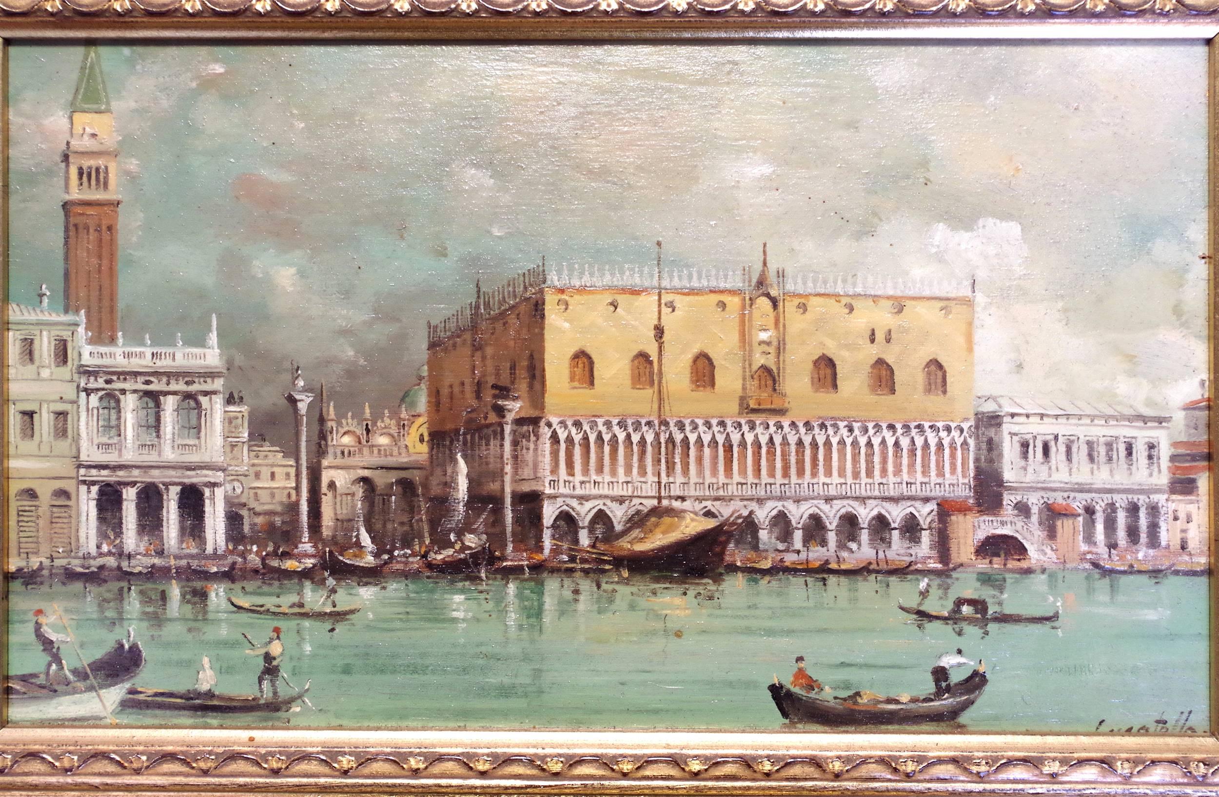 Oil on panel, framed, representing the mole and the pond of the Saint-Marc Place in Venice, signed by Paolo Lucatello (born in 1943).

The view is made from the Punta della Dogana. This framing allows us to see gondoliers on the Great Canal in the