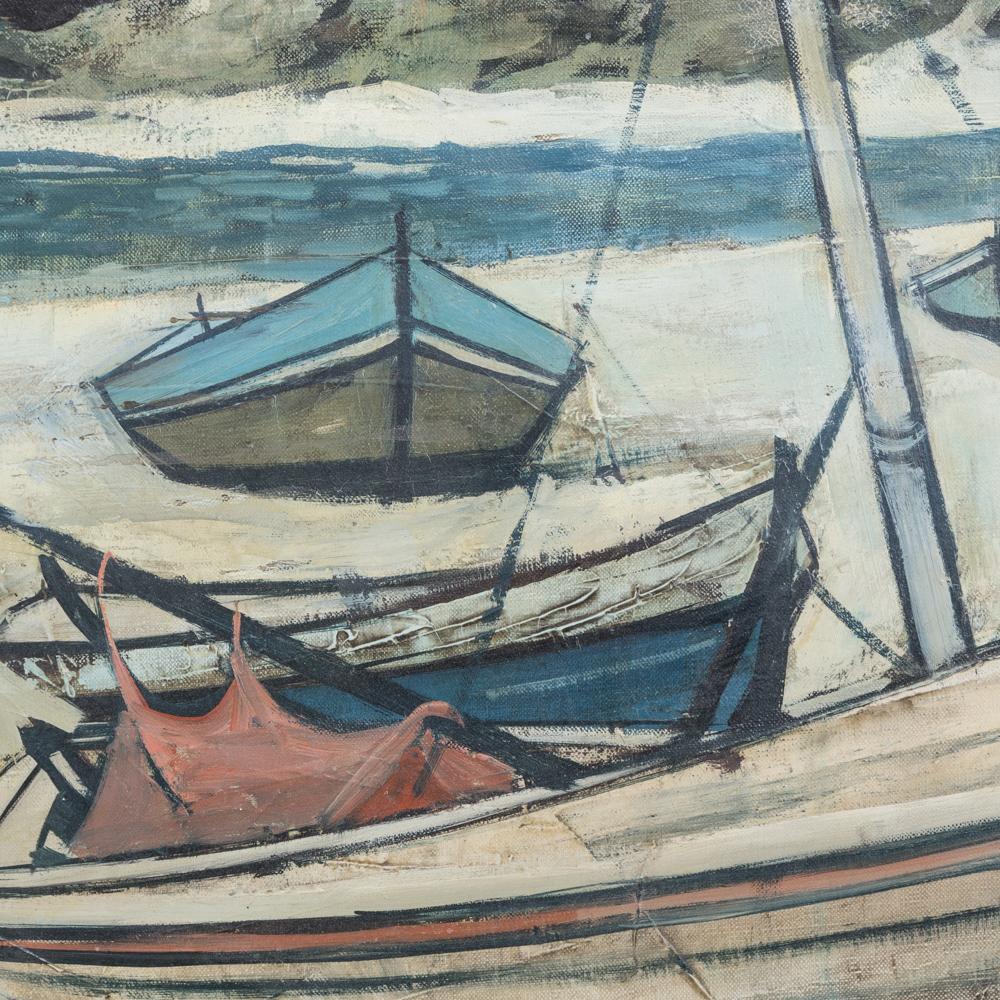 A framed oil painting by Charles Levier of a harbour scene.
Signed on front of canvas.

Charles Levier was Corsican born in 1920 to a French father and American mother. He is well known for his abstract and cubist techniques of still-lifes,