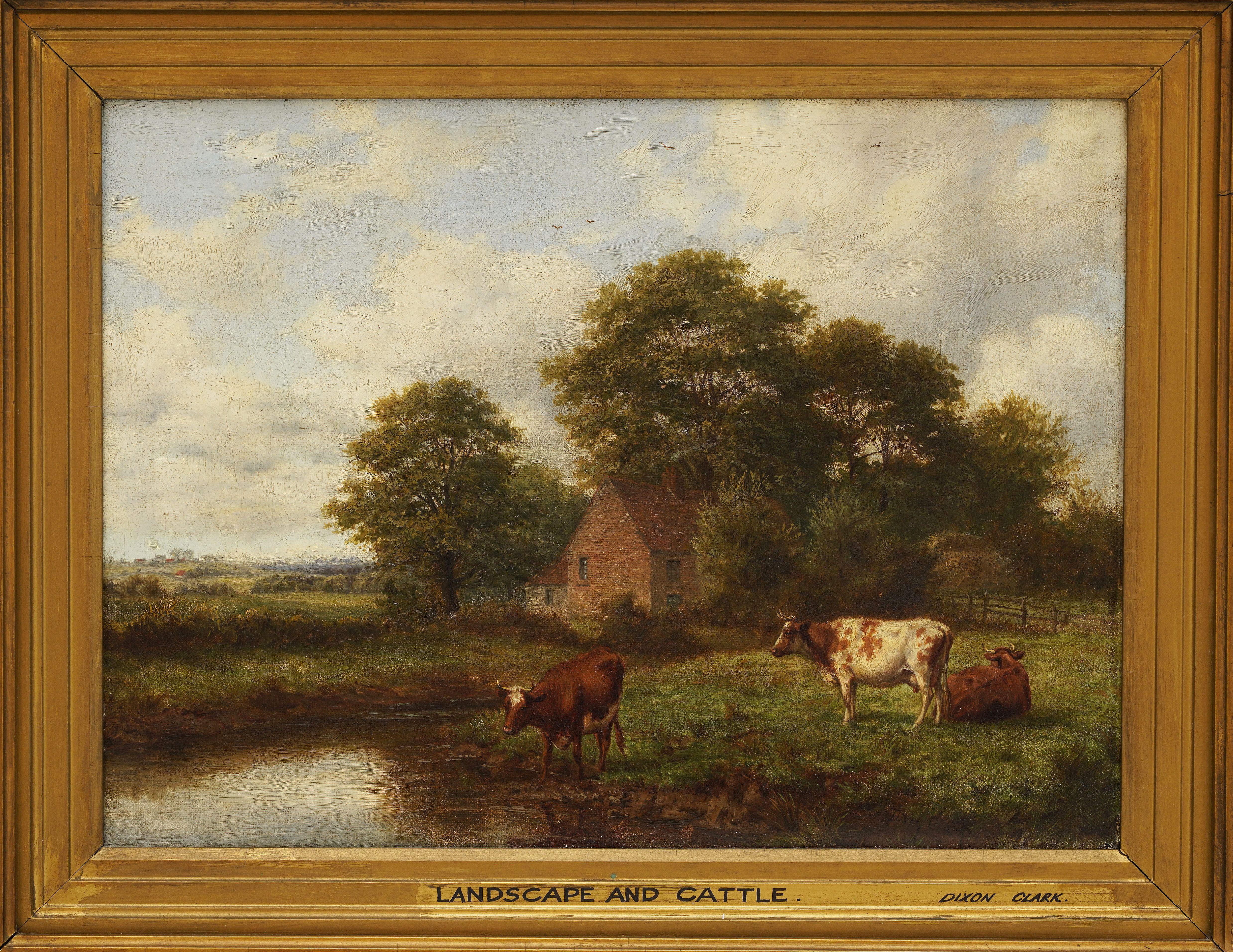 Un raffinato dipinto a olio su tela montato su una cornice in legno dorato del celebre artista regionale britannico Joseph Dixon Clark (1849 - 1944), che raffigura una scena di paesaggio con bestiame vicino a un ruscello nei pressi di un
