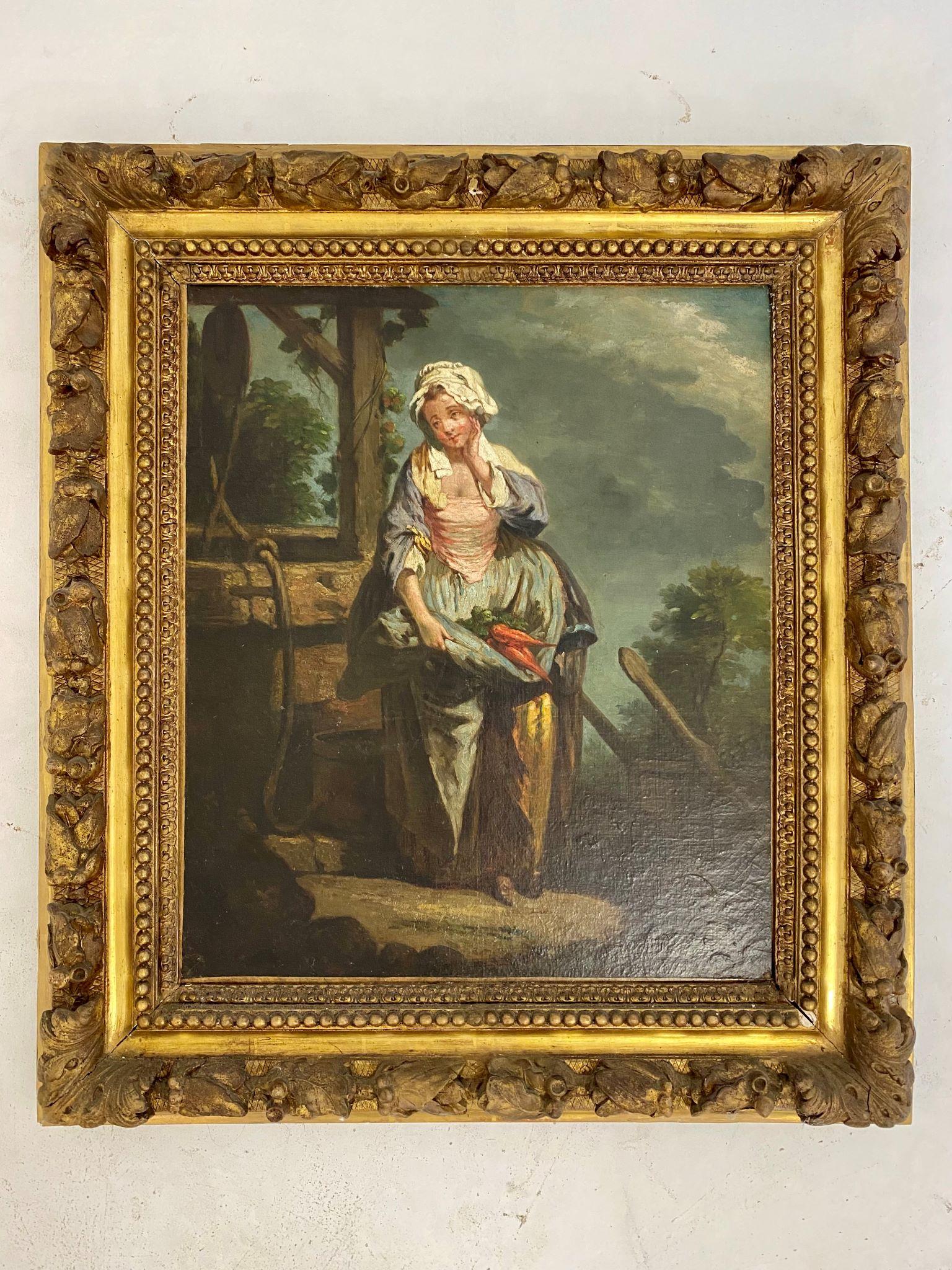 Framed oil painting in the 18th century gendre style 
circa 1840
Depicting French Provincial life.