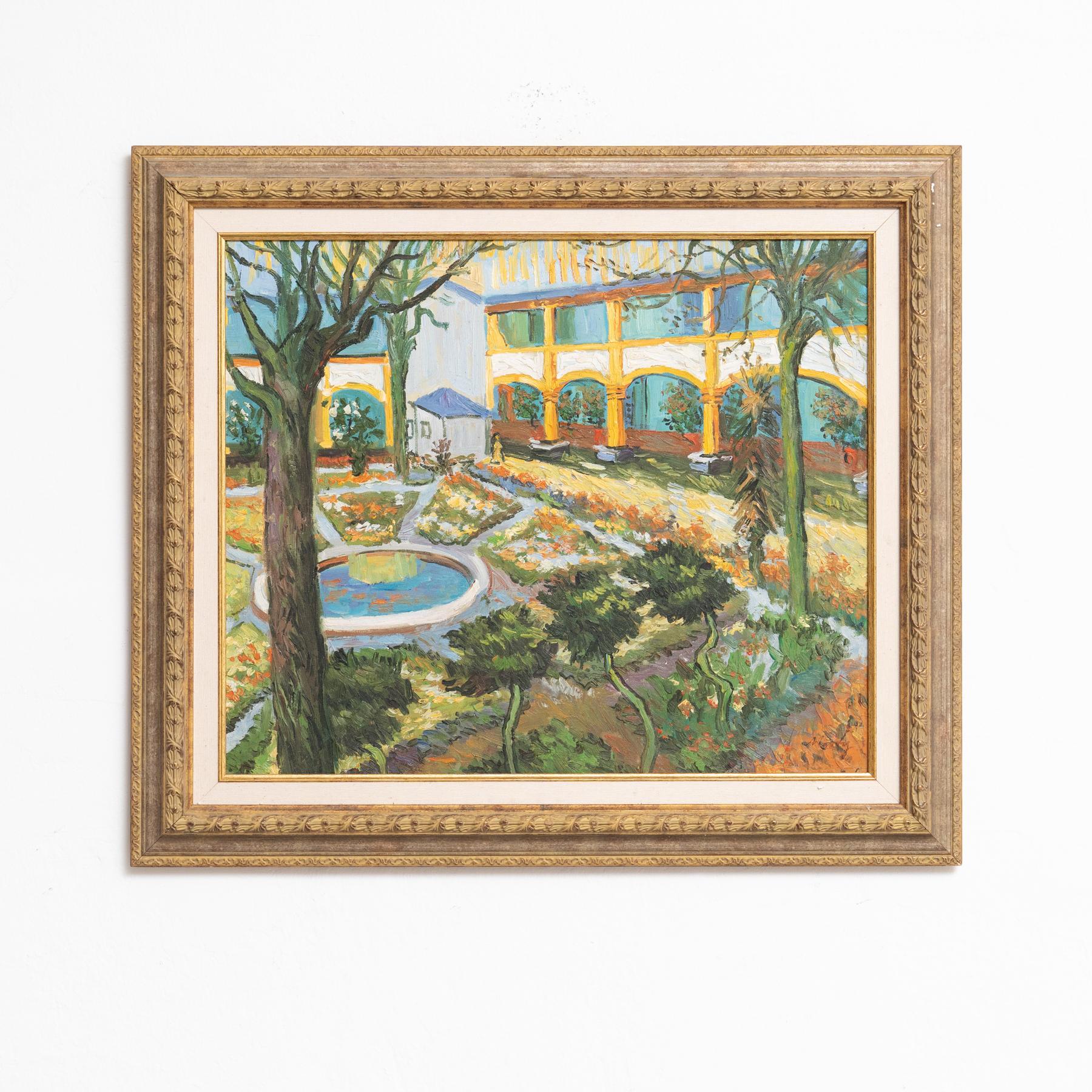 This framed oil painting, created by an unknown artist, beautifully captures the essence and style of Vincent van Gogh. Inspired by Van Gogh’s distinctive use of color, expressive brushstrokes, and emotive composition, this artwork is a tribute to