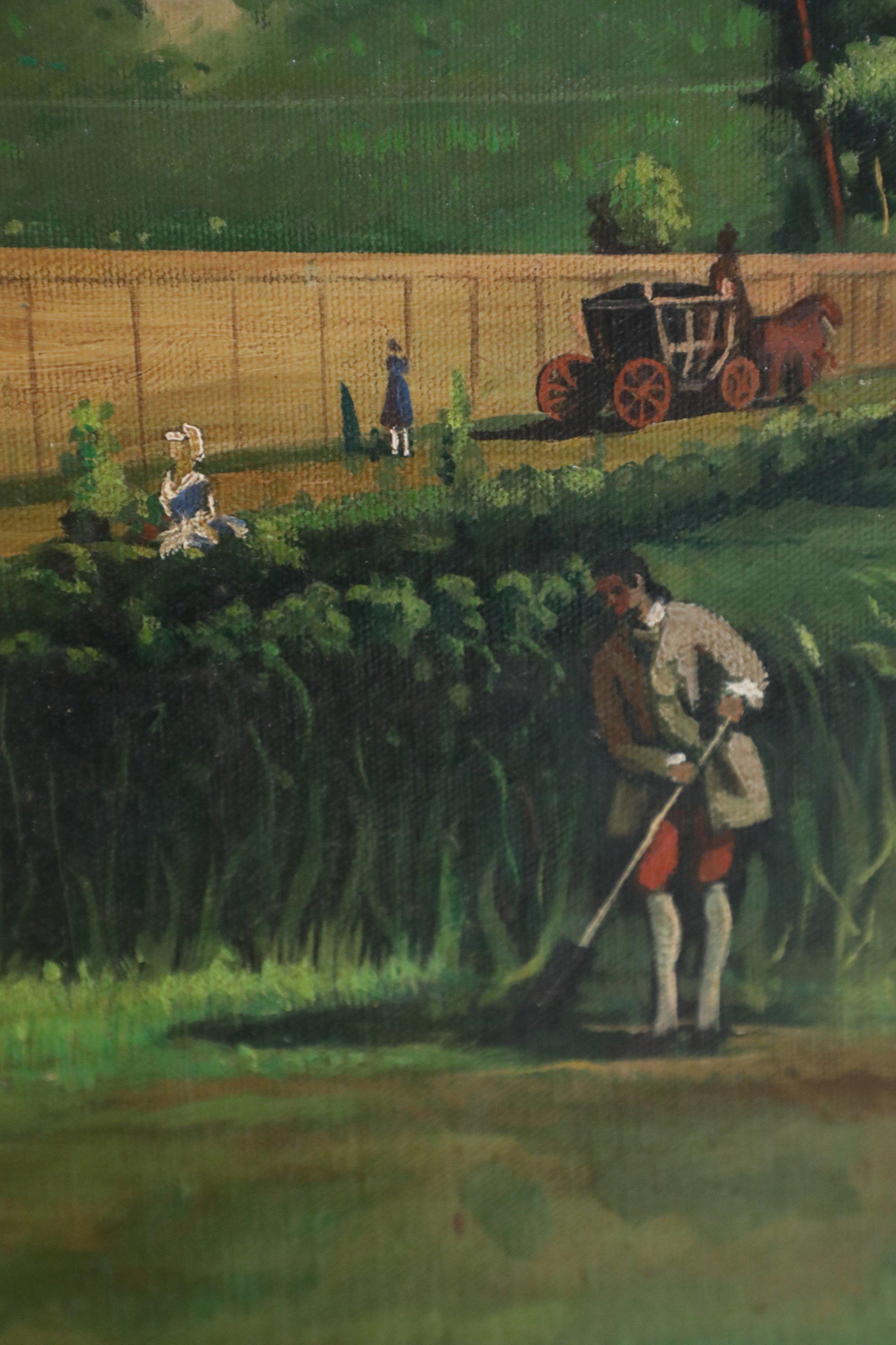 Mid-Century oil on canvas genre scene painting depicting people tending to a colonial garden next to a river outside of the city walls with large buildings on the horizon in a rectangular giltwood frame.
 