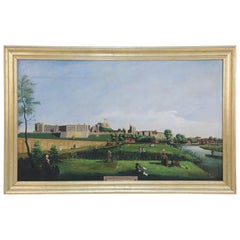 Peinture à l'huile encadrée d'un jardin colonial et d'une rivière