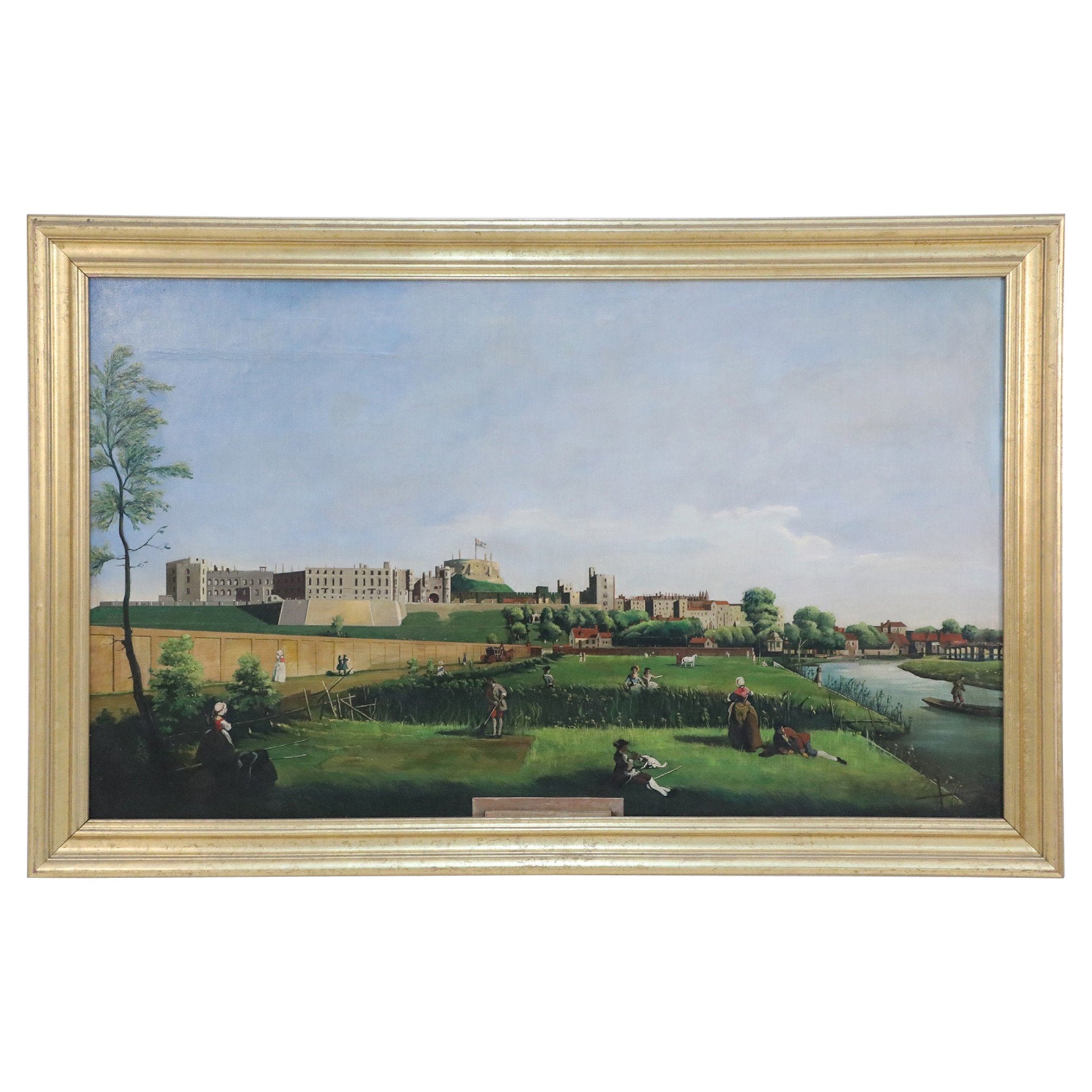 Peinture à l'huile d'un jardin colonial et d'une rivière encadrée