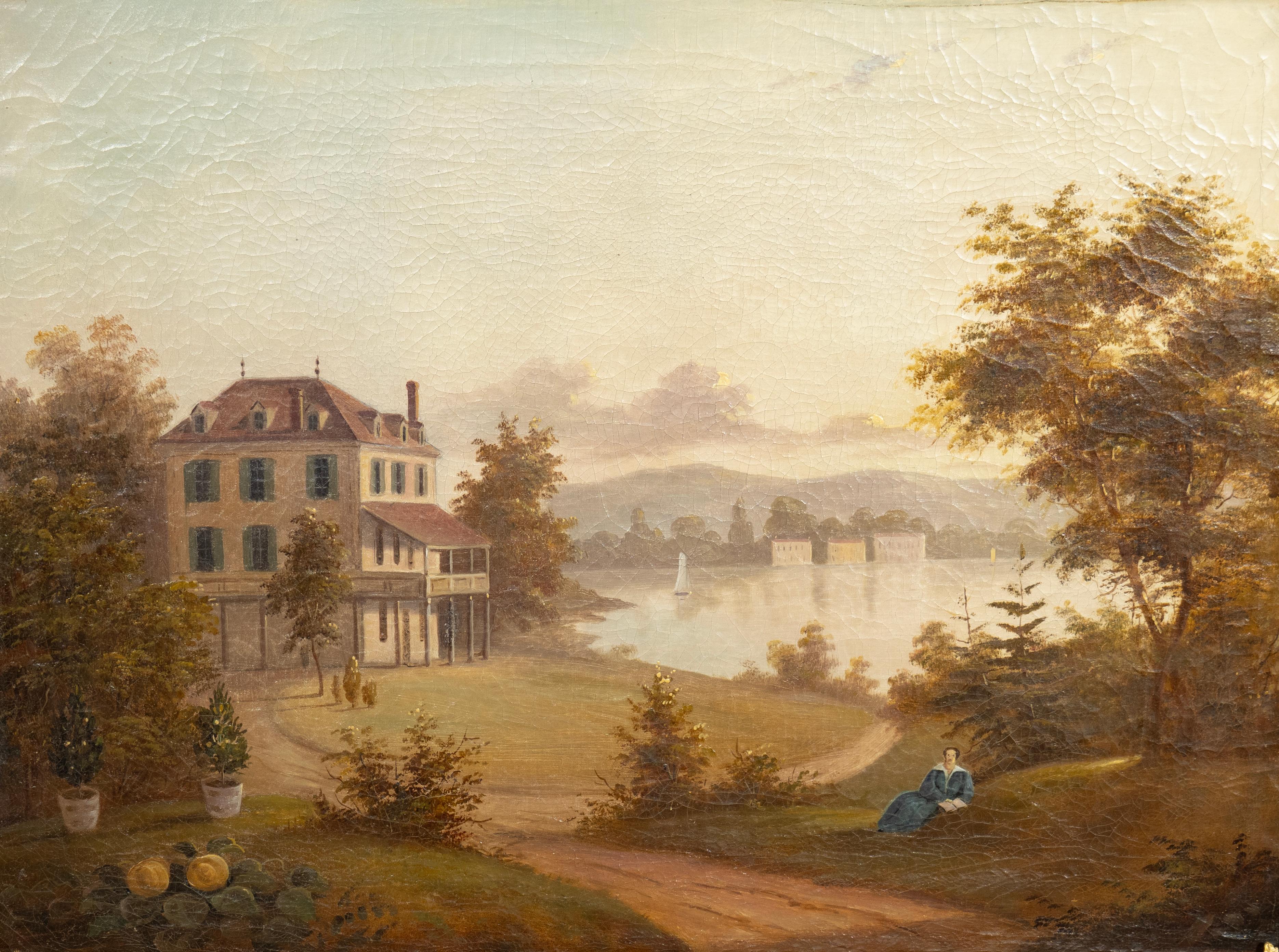 Möglicherweise im Süden der Vereinigten Staaten. Das Gemälde befindet sich in einem vergoldeten Holzrahmen. Öl auf Leinwand, das ein Haus an einem See mit Orangenbäumen und eine Landschaft mit einer im Gras sitzenden Frau zeigt.