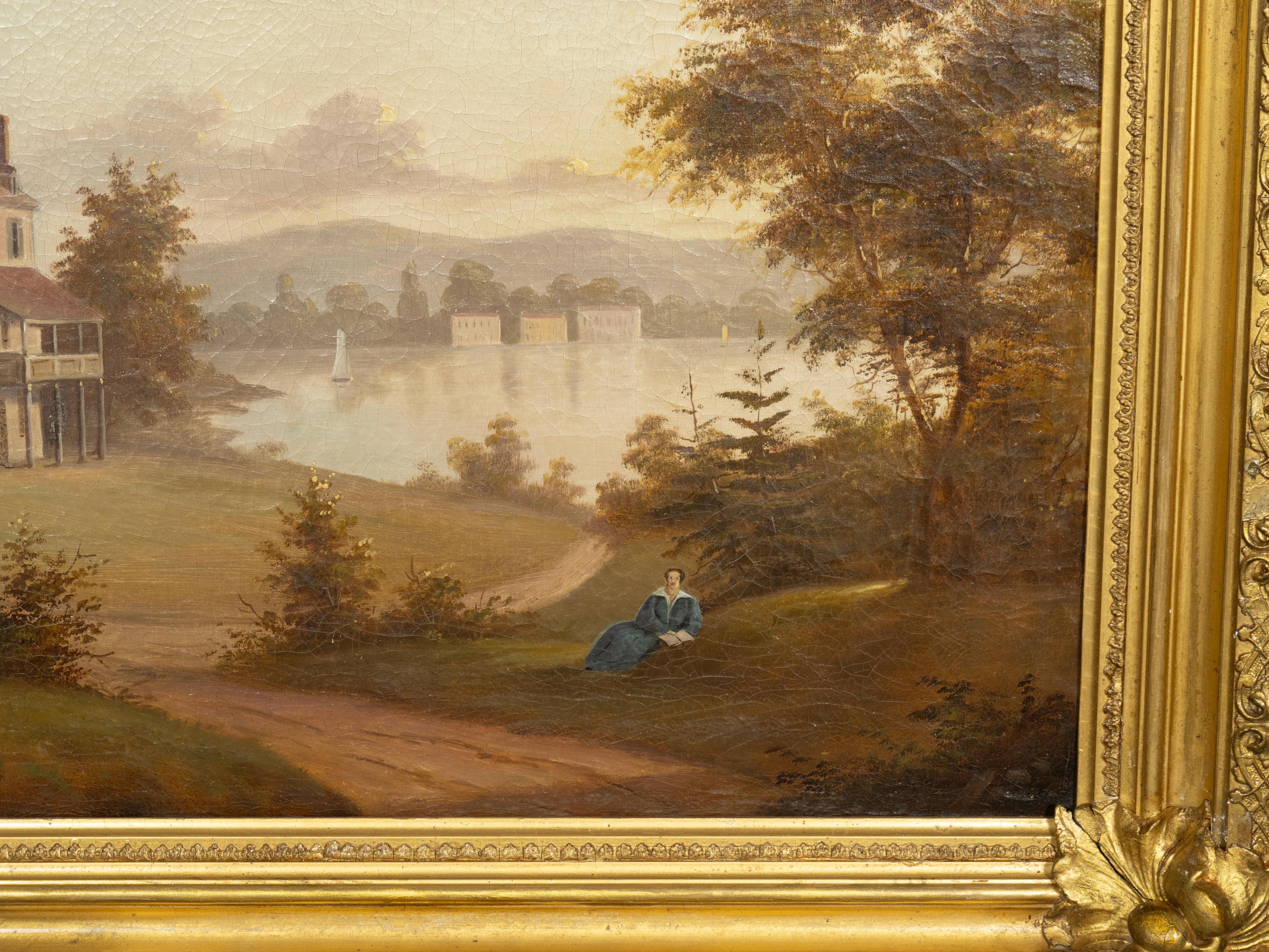 Gerahmtes Ölgemälde eines Seestücks in Landschaft im Angebot 2