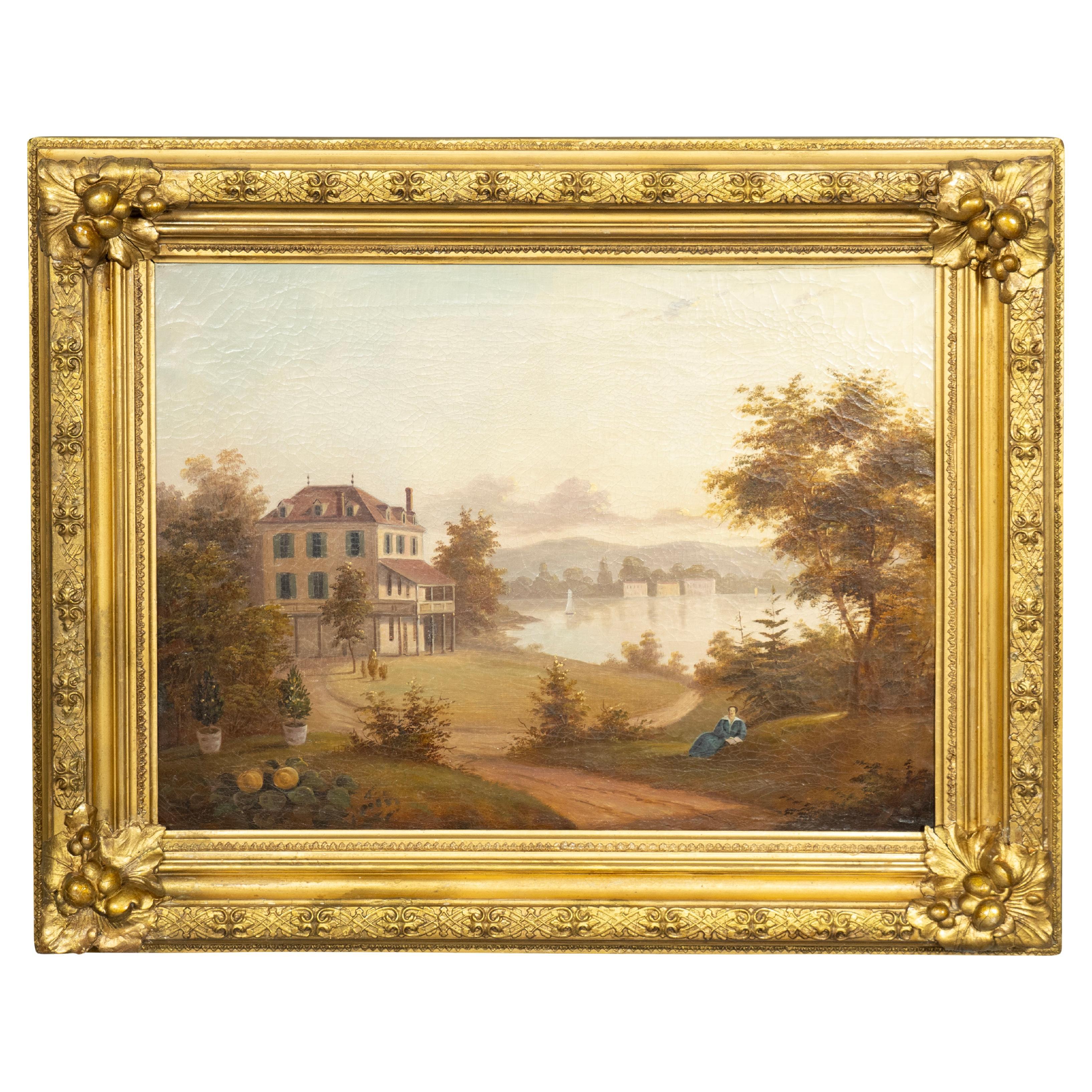 Pintura al óleo enmarcada de una casa junto a un lago en un paisaje