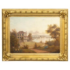 Pintura al óleo enmarcada de una casa junto a un lago en un paisaje