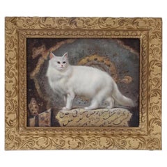 Quadro ad olio con cornice raffigurante un gatto persiano di L. Camdy