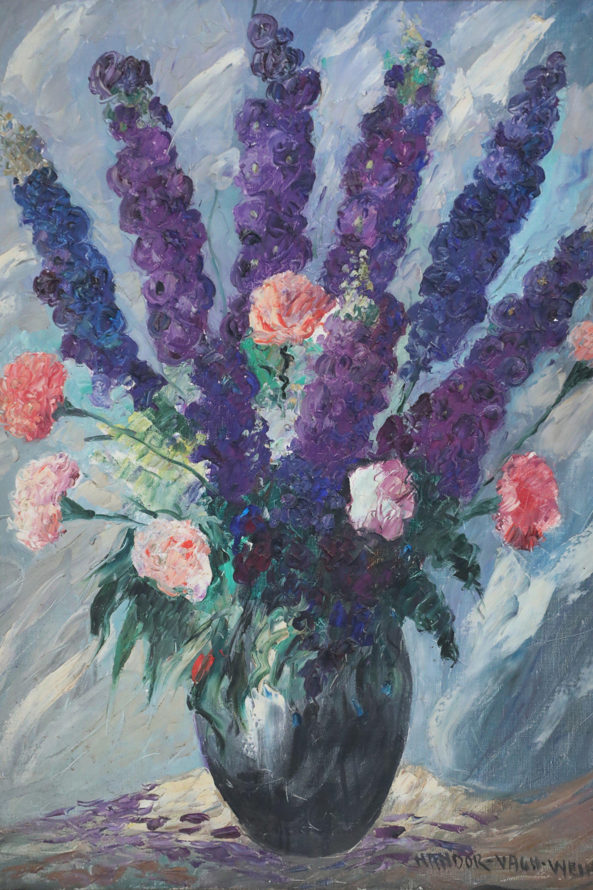 Mid-century still life oil painting of a blue vase filled with lavender and pink flowers on a brown tabletop against a blue mottled background on canvas in a rectangular stained wood frame. (signed, VAGH WEINMANN).
 