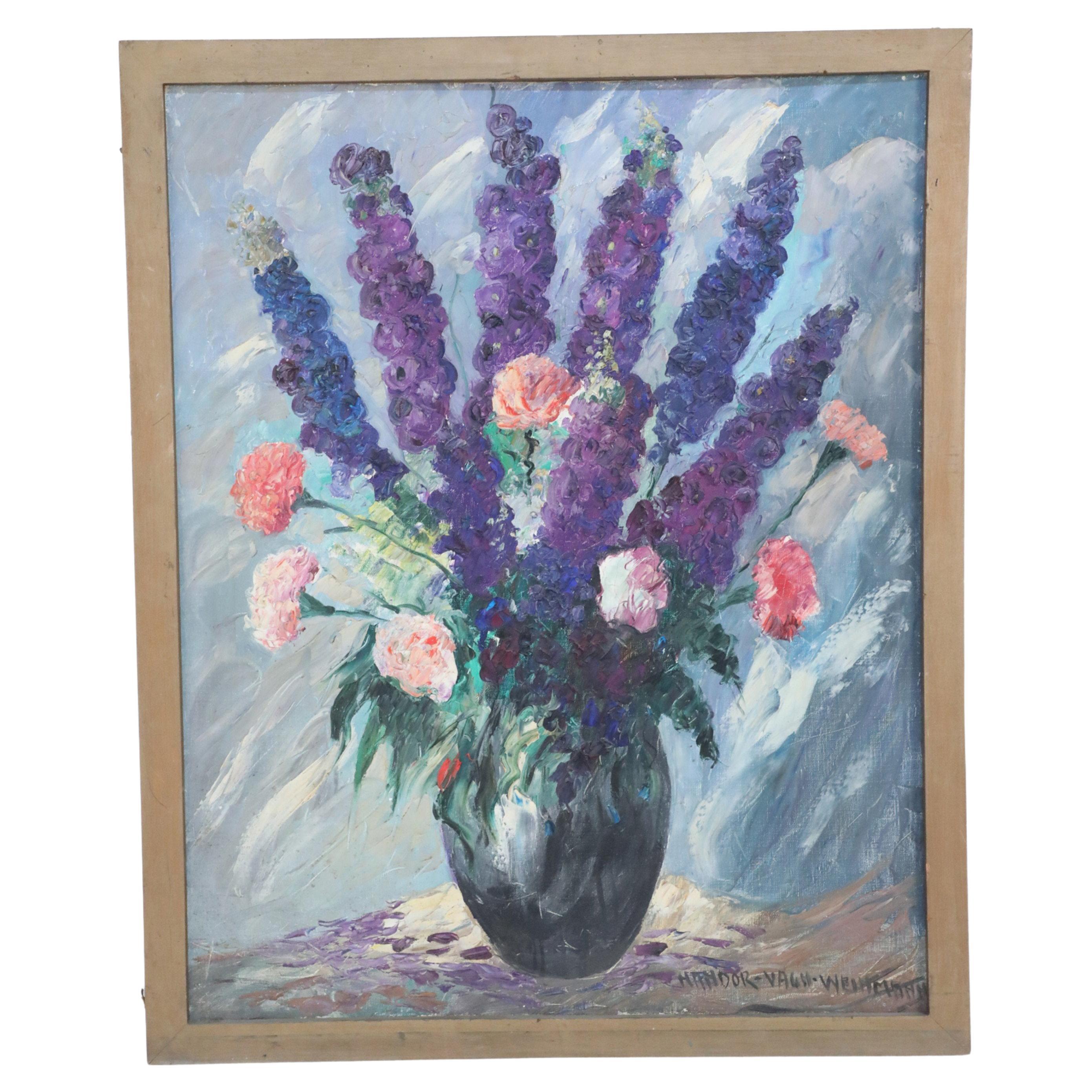 Framed Oil Painting of Lavender and Pink Flowers in a Vase