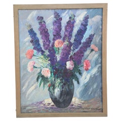 Framed Oil Painting of Lavender and Pink Flowers in a Vase