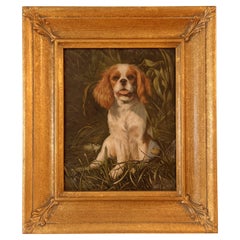 Pittura a olio su tavola con cornice raffigurante il cane King Charles Spaniel