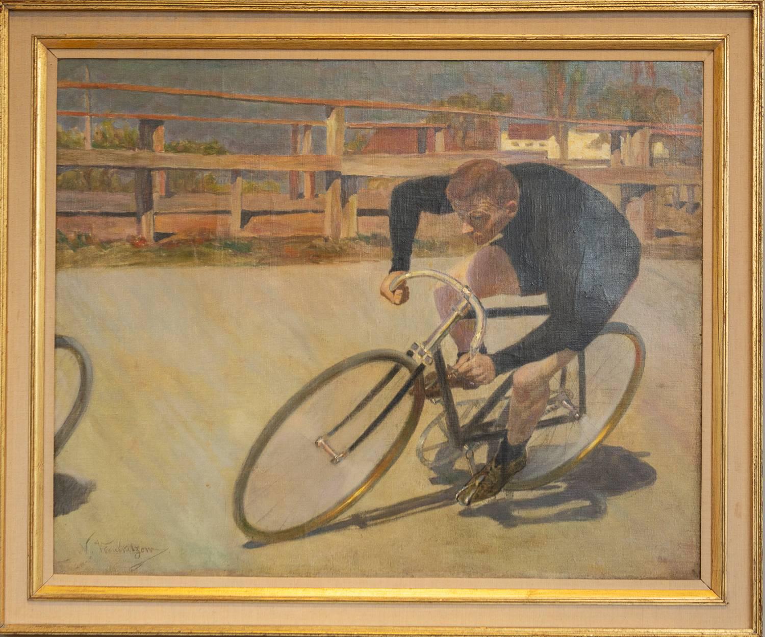 Unknown Framed Oil Painting on Canvas, Bicycle Racer For Sale