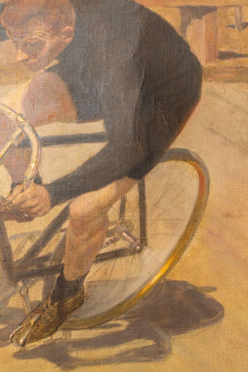 Framed Oil Painting on Canvas, Bicycle Racer In Excellent Condition For Sale In Hudson, NY