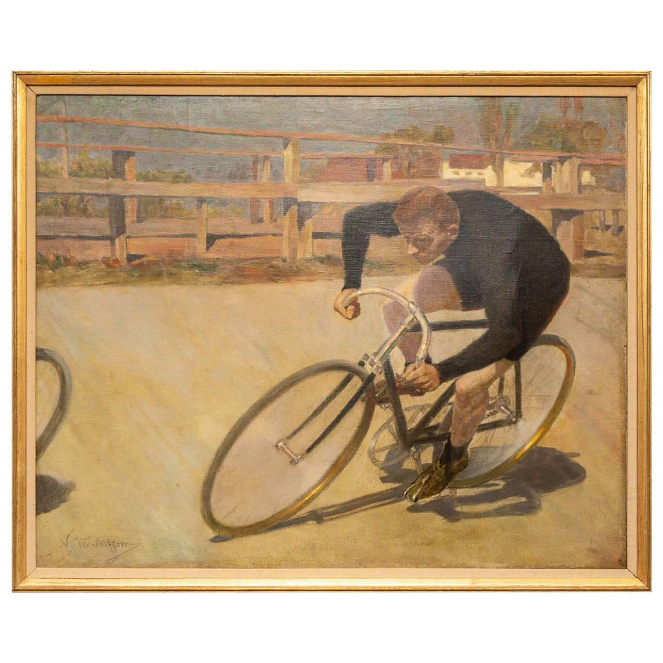 Peinture à l'huile sur toile encadrée représentant un courseur de bicyclettes